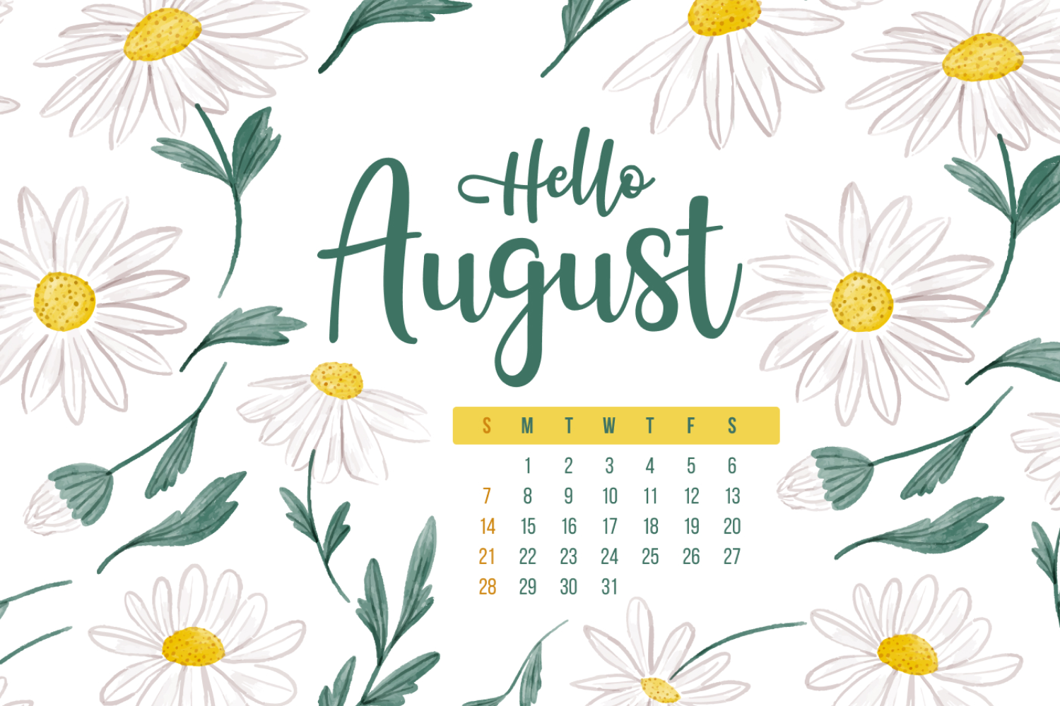 Calendar for August on the background of painted daisies.
