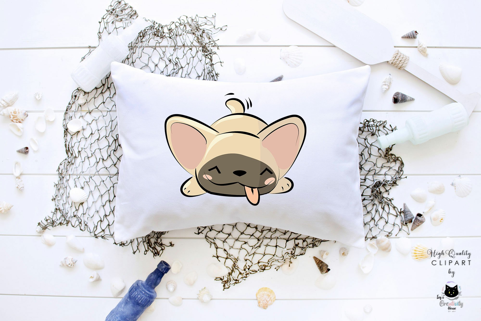 Pillow with a cartoon of a dog sticking its tongue out.