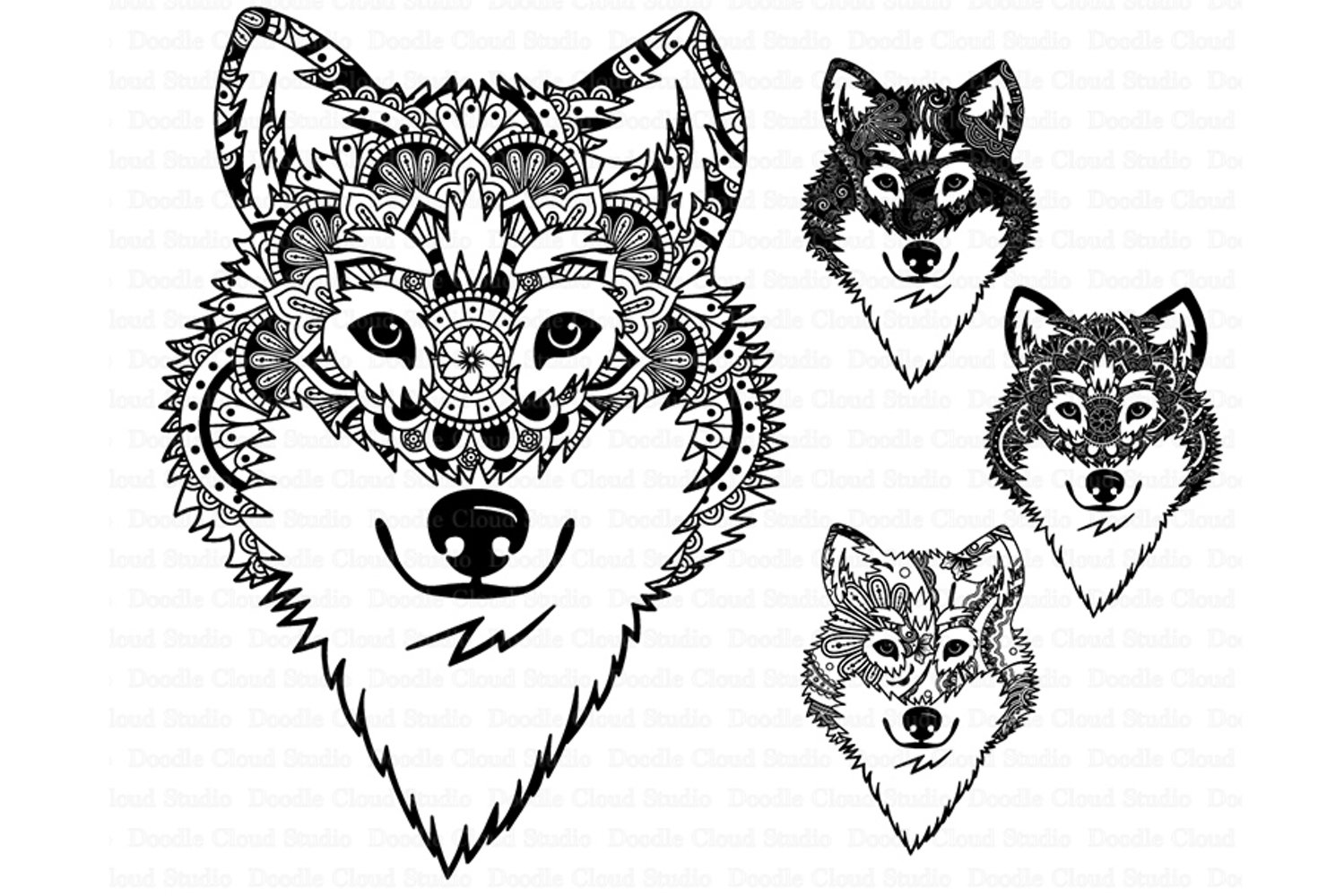 Set of three wolf heads with intricate patterns.