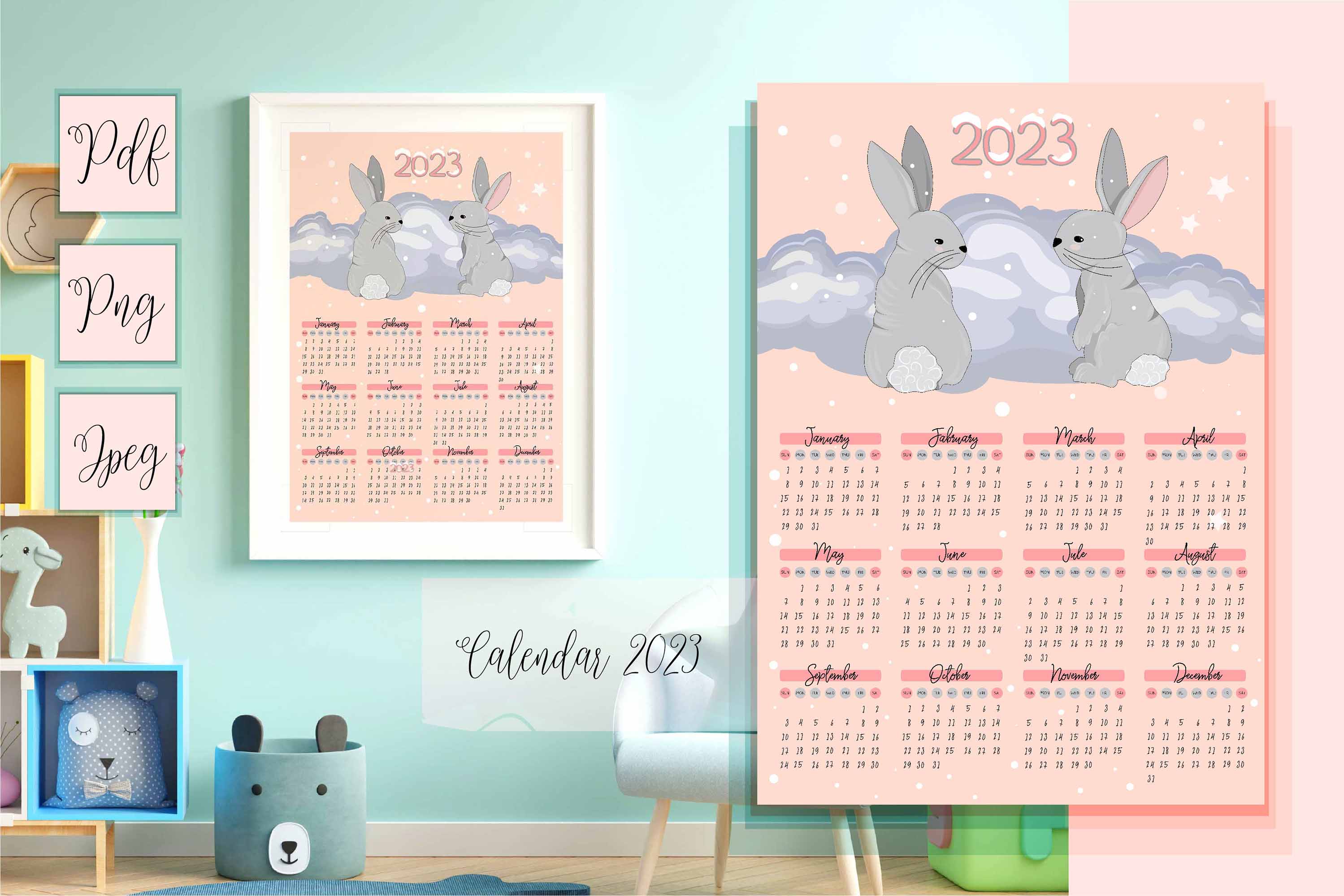 Calendar 2023 with Cute Rabbits facebook image.