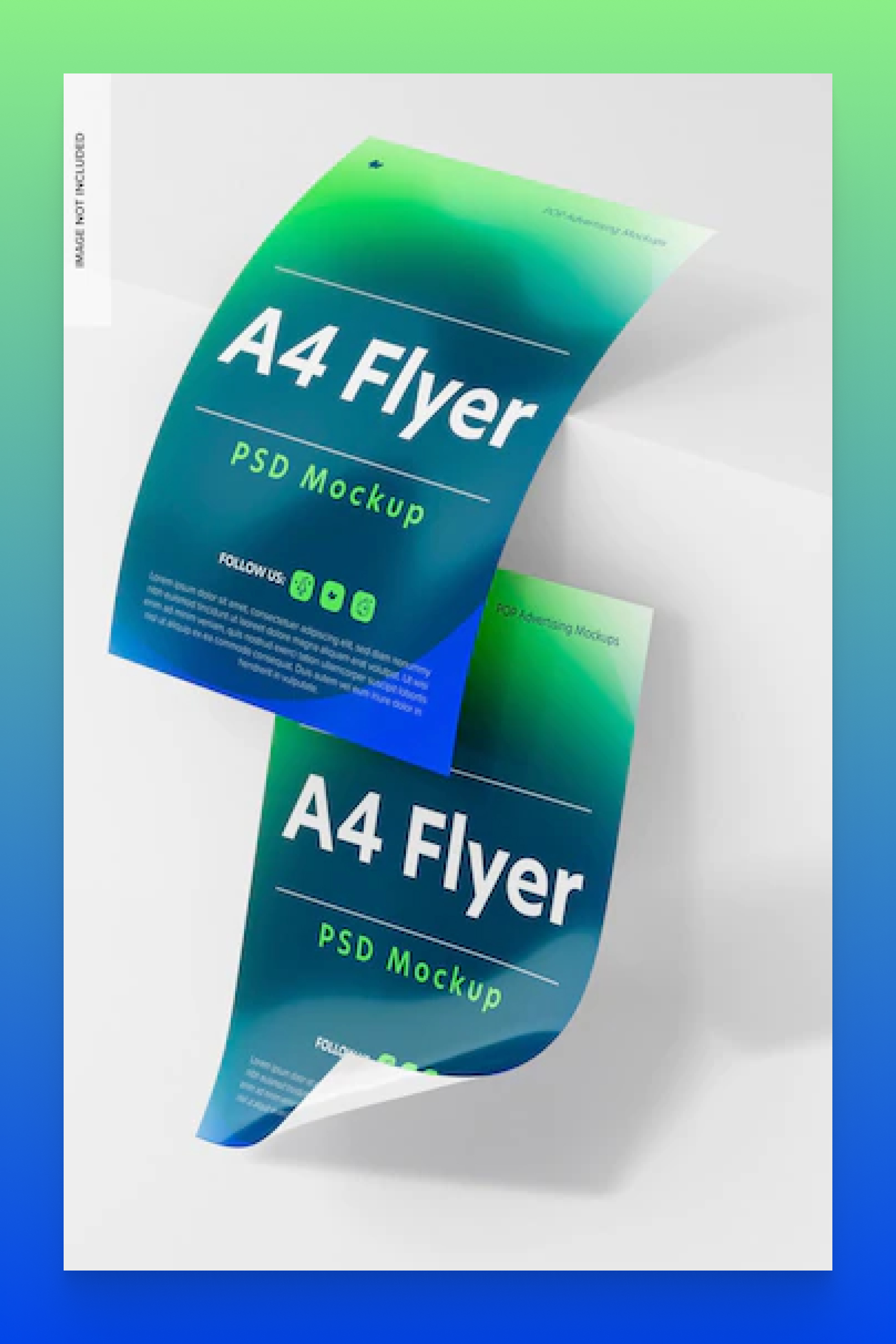 Green and blue flyer with white and green text on a white background.