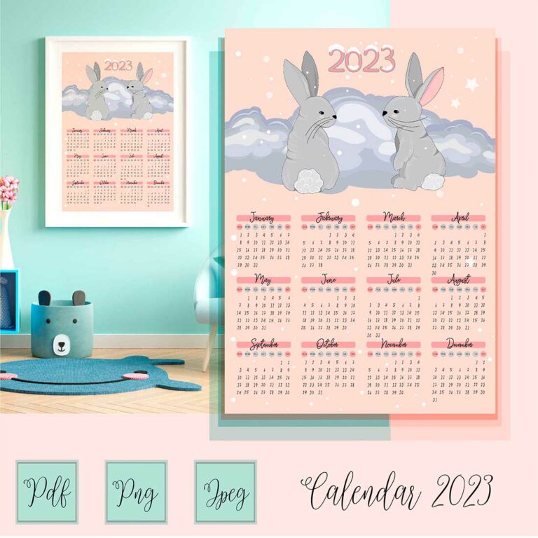 Calendar 2023 with cute rabbits - MasterBundles