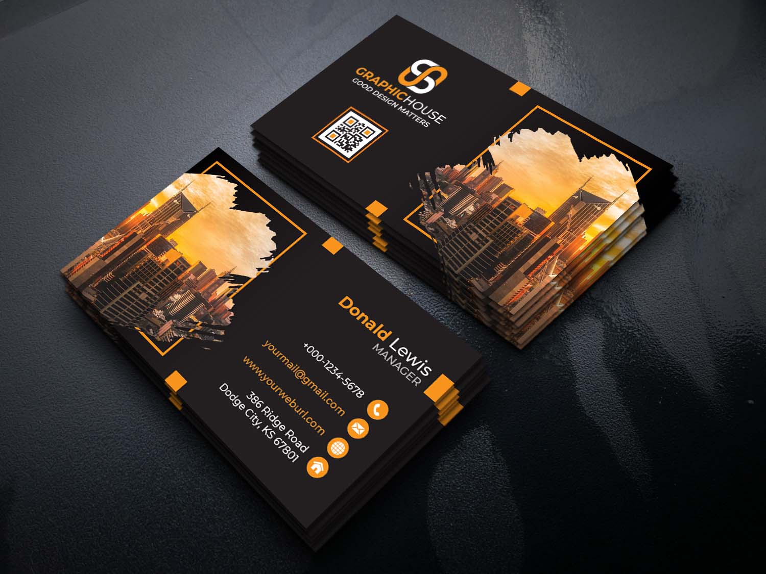 Creative And Professional Orange Business Card Template Examlpe.