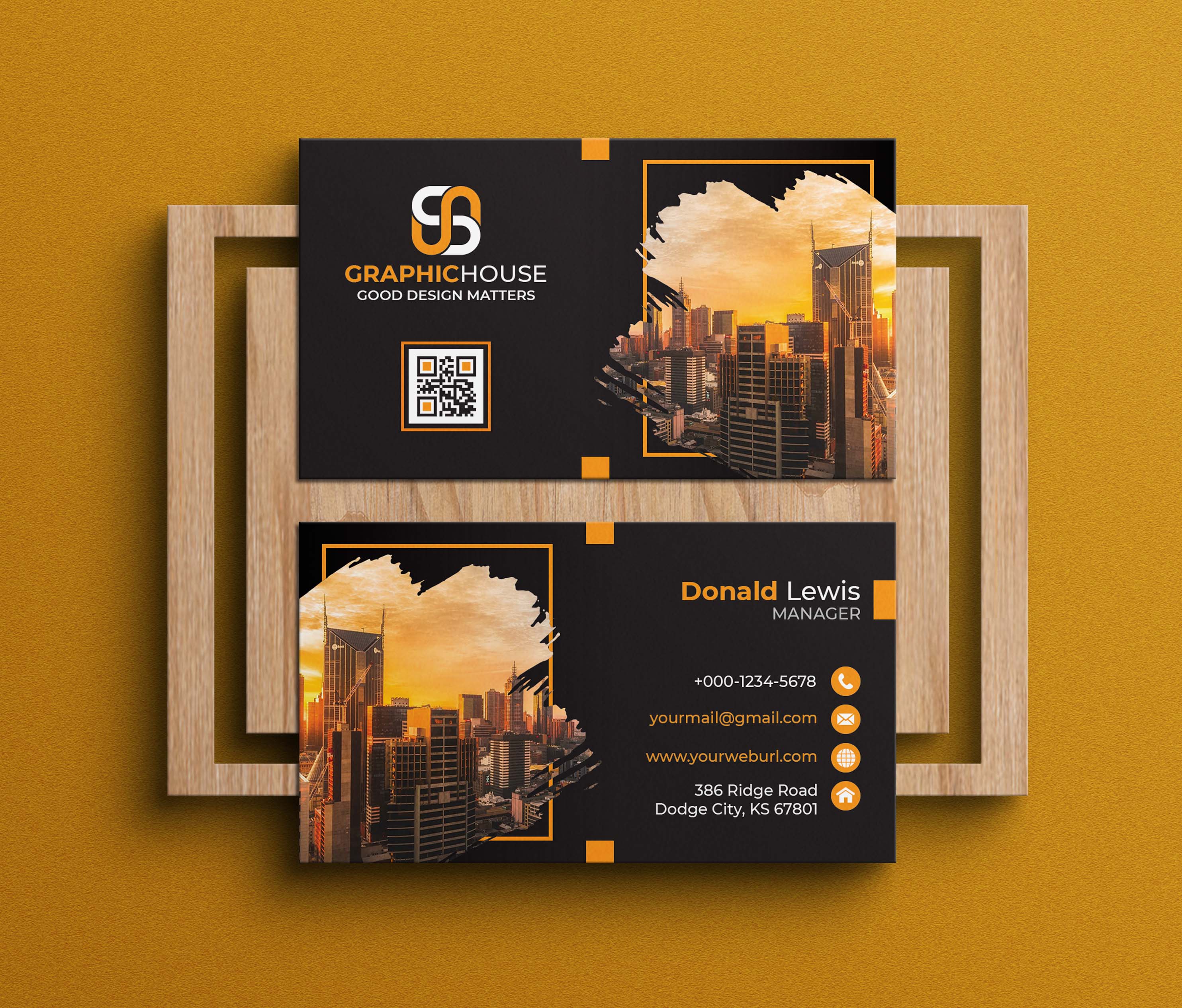 Creative And Professional Orange Business Card Template Back And Front Example.