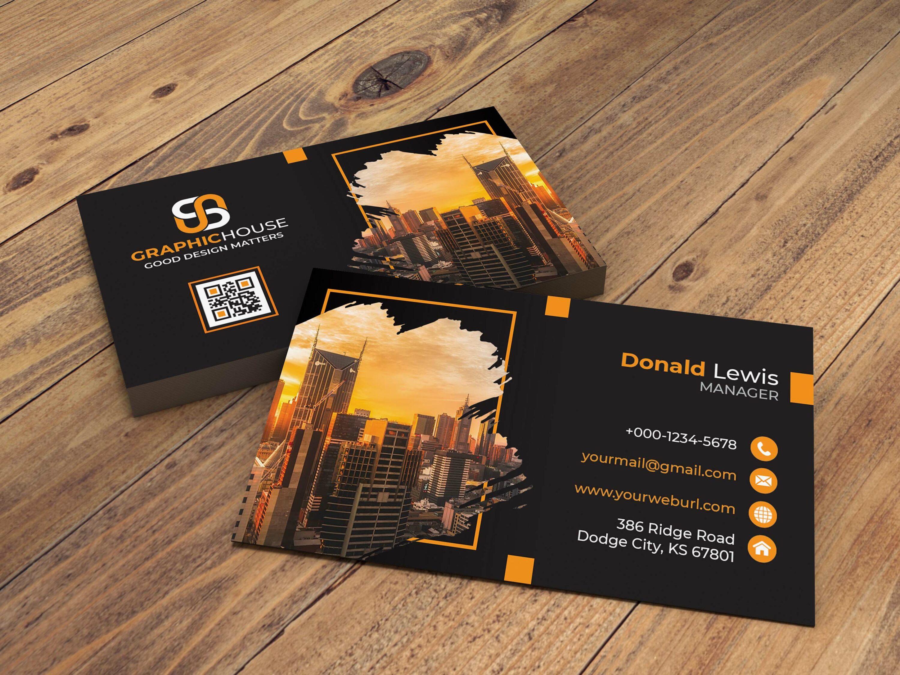 Creative And Professional Orange Business Card Template Cards On Table Example.