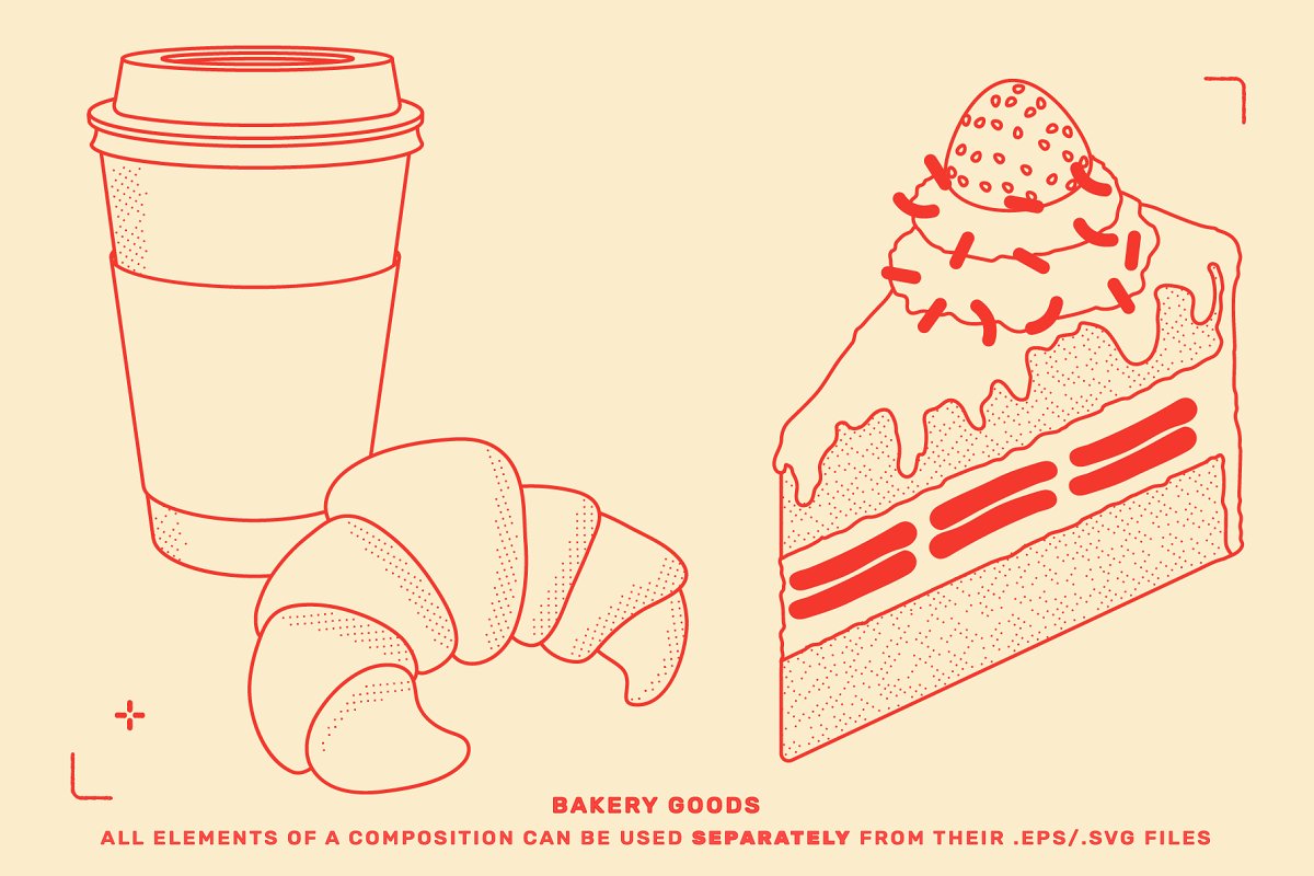 Cup of coffee, croissant & cake.