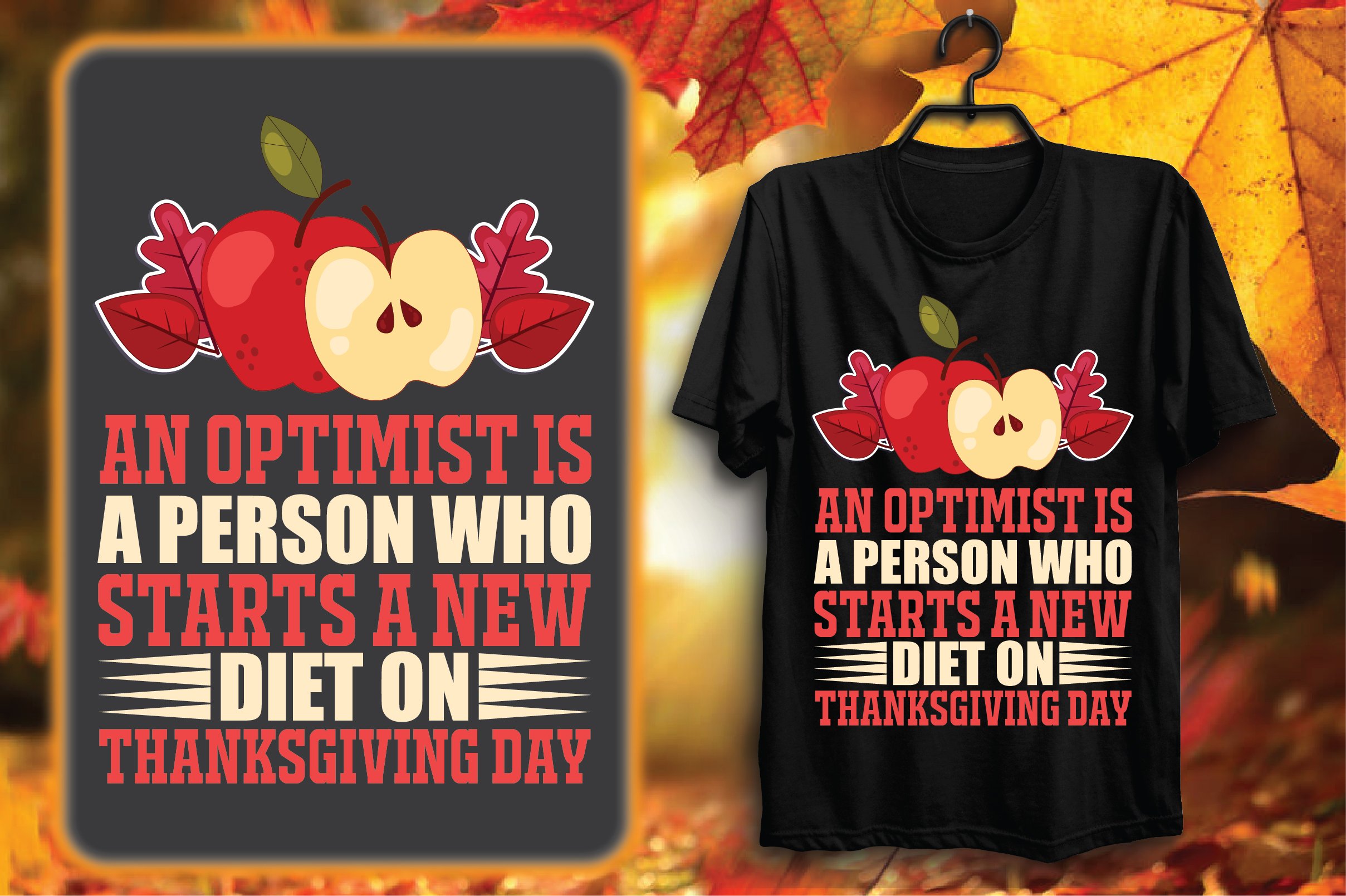 Black t-shirt with red apples and multicolor font.