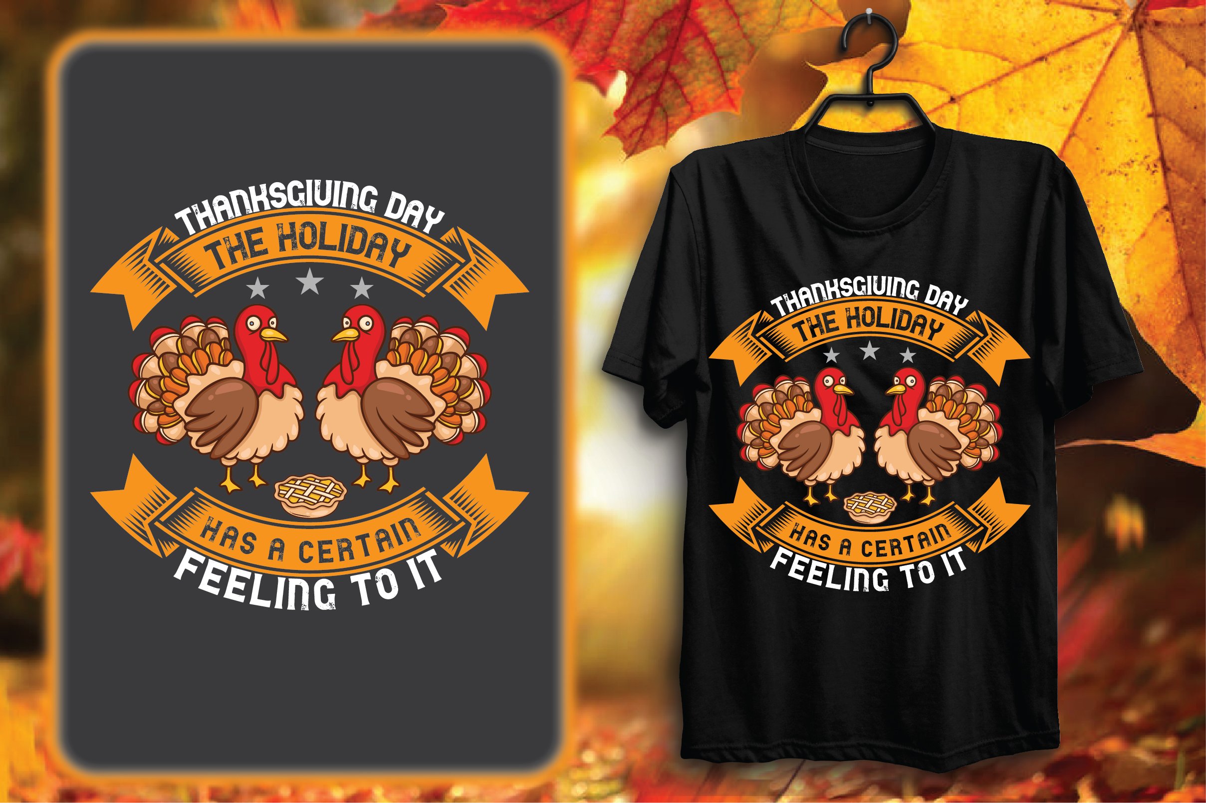 Two cool turkeys on a simple black t-shirt.