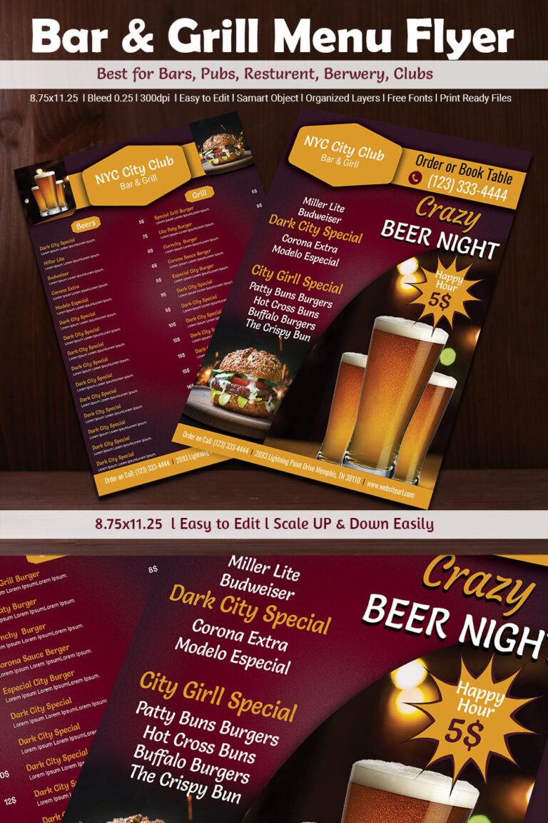 Beer Bar & Grill Menu Restaurant Flyer - MasterBundles