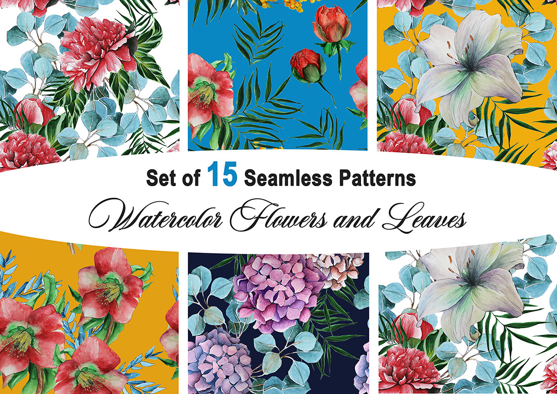 Set of 15 Patterns with Flowers and Tropical Leaves