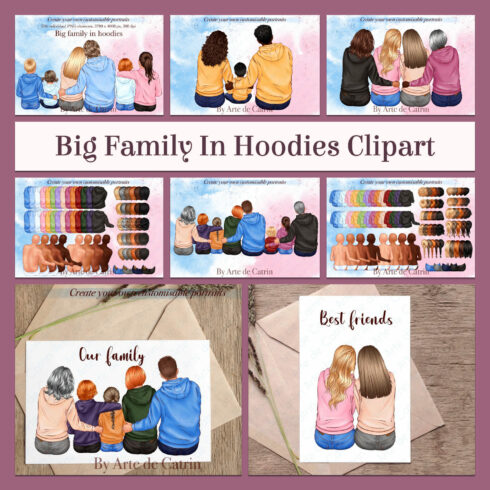 Big family in hoodies clipart - main image review.