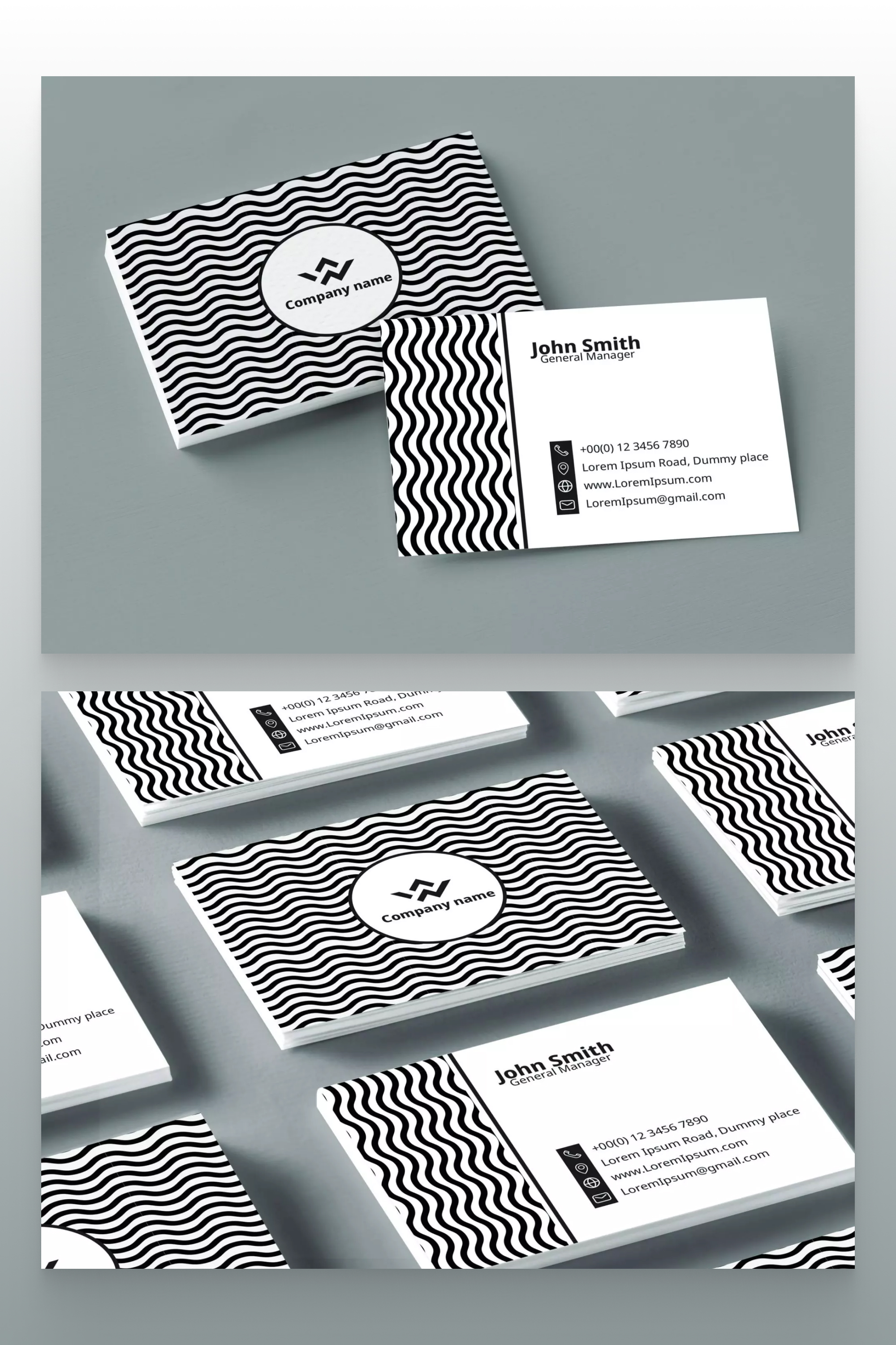 Business cards with black wavy lines on a white background on the table.