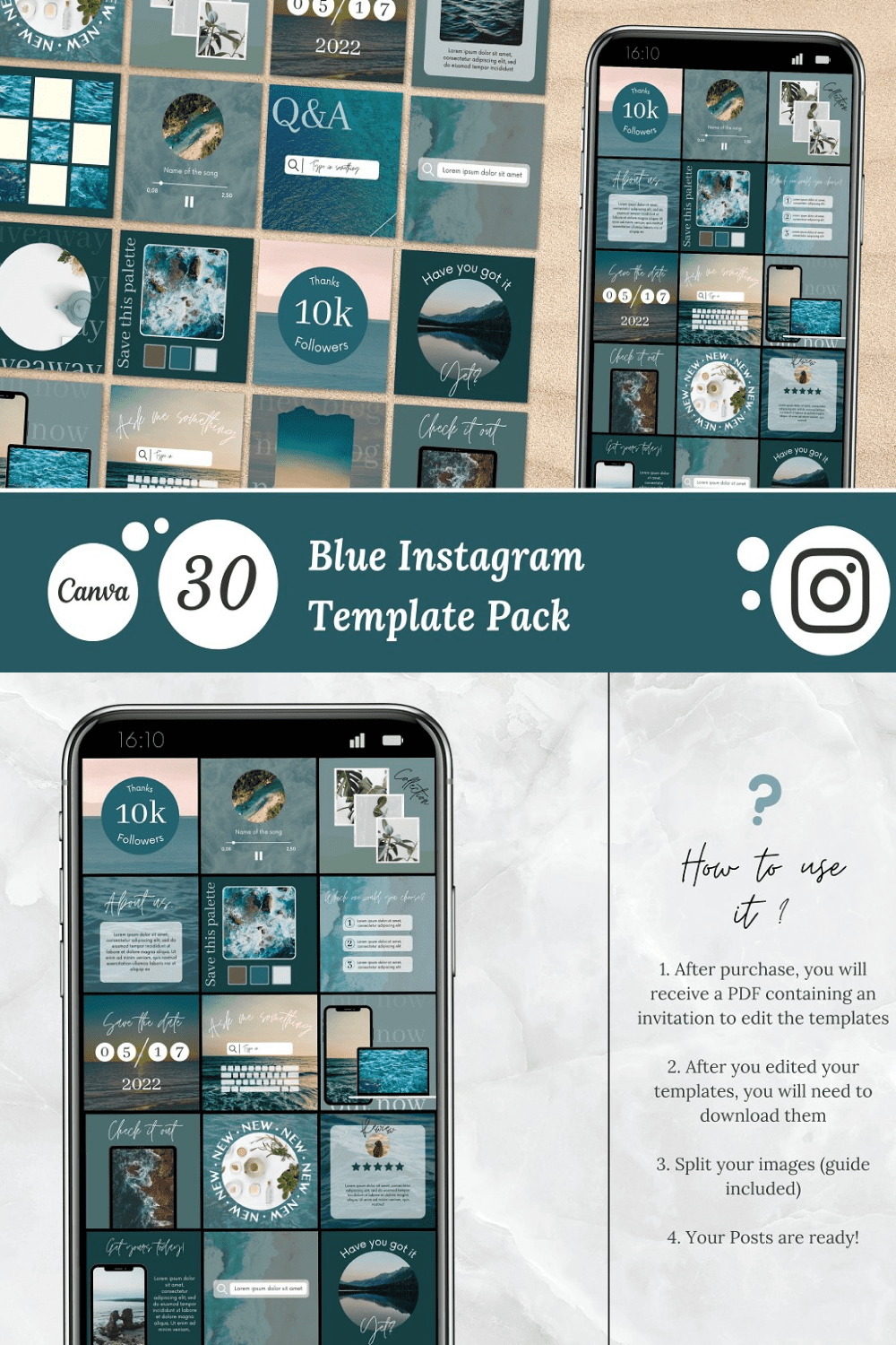 Blue instagram post template pack - pinterest image preview.