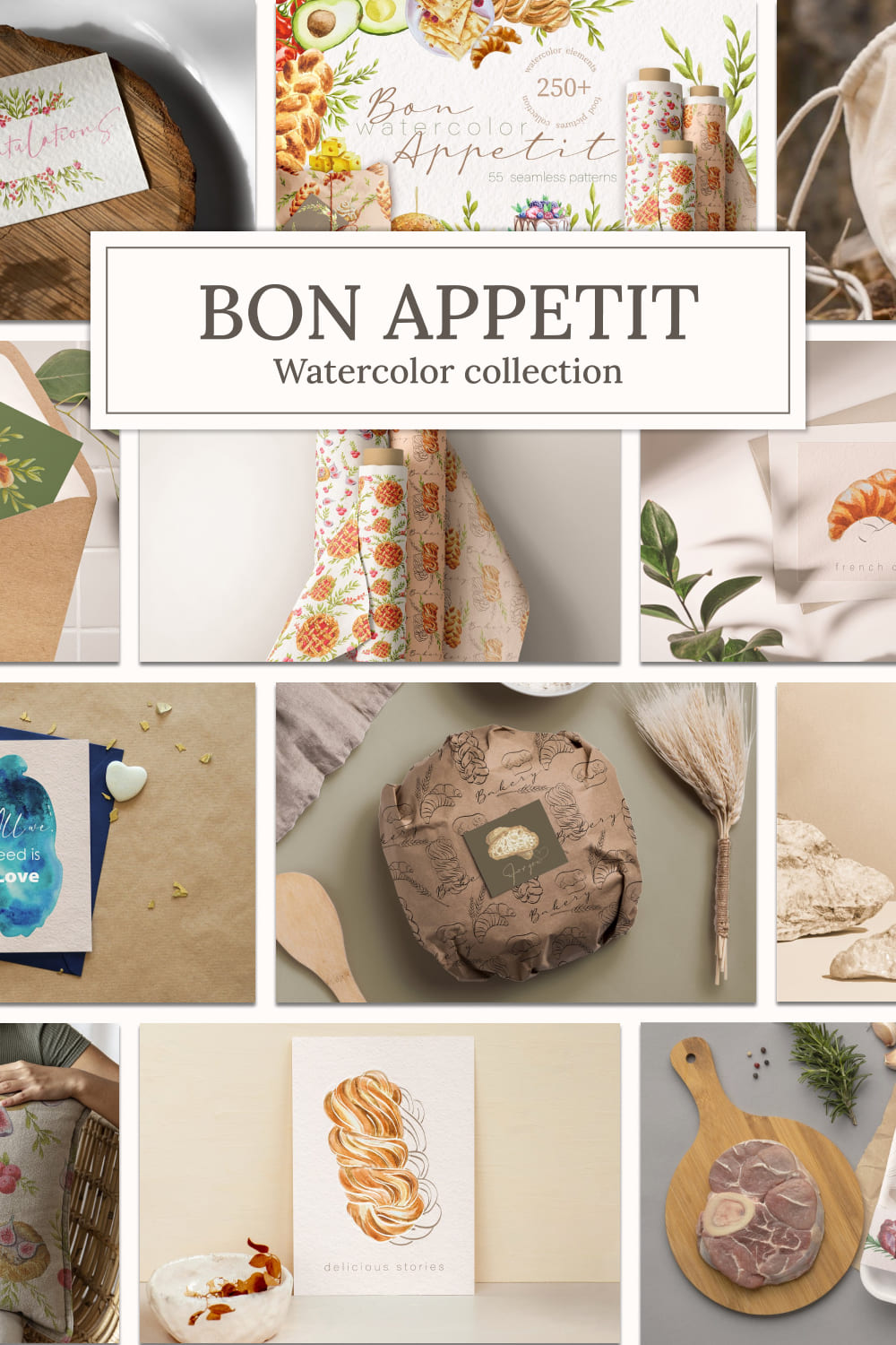 Bon appetit watercolor collection - Pinterest image preview.