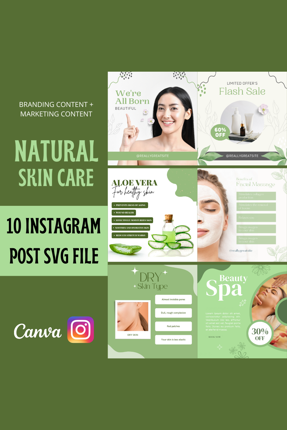 Natural Skin Care Canva Instagram Social Post Template Pinterest Image.