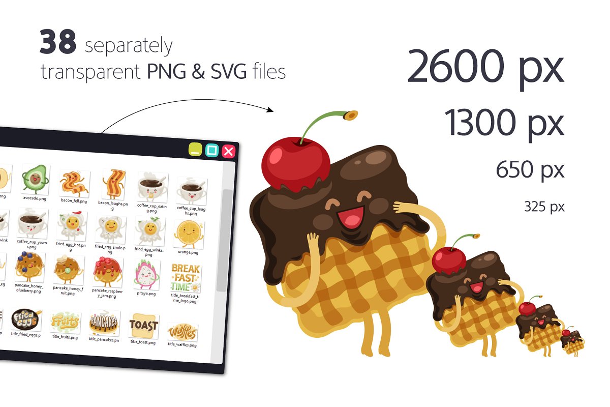 You will get 38 separately transparent PNG & SVG files.