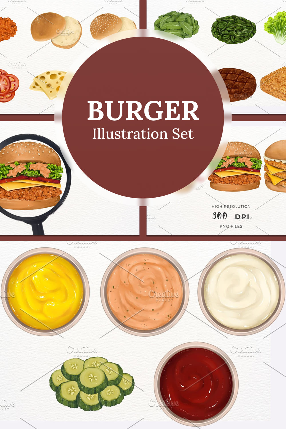 Burger illustration set - pinterest image preview.