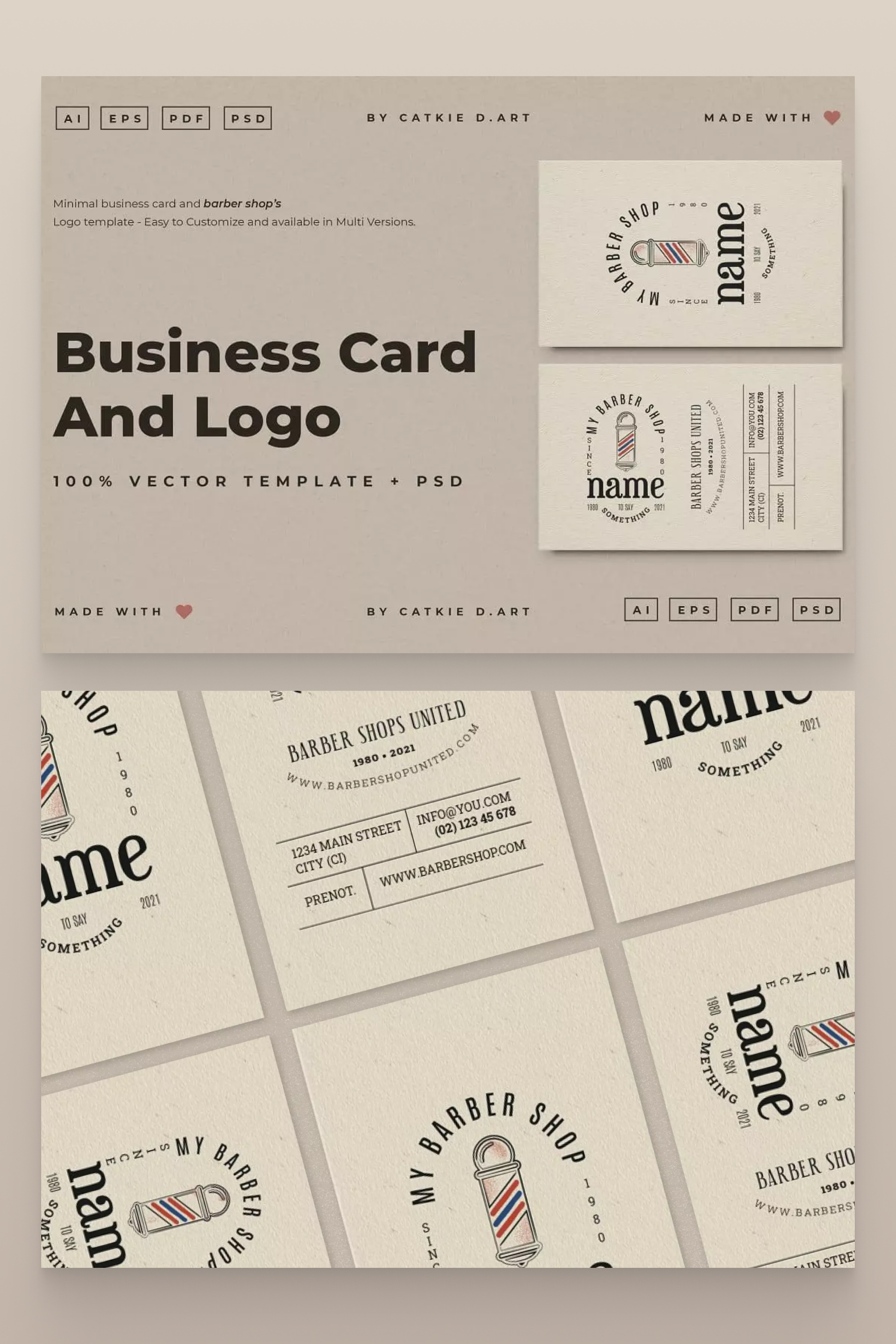A set of business cards for a barbershop in taupe tones.
