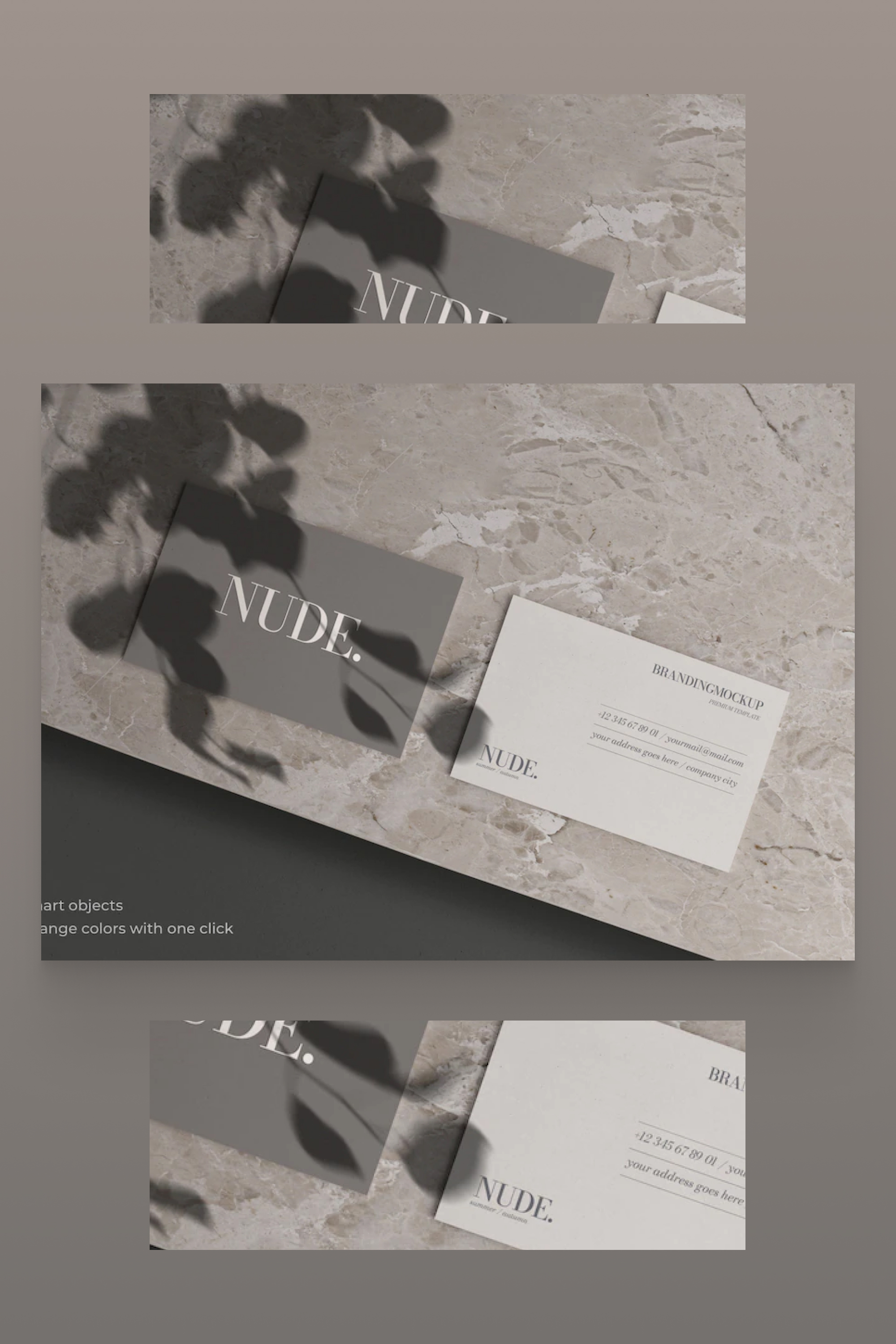 Grey business cards with botanical shadow and marble texture.