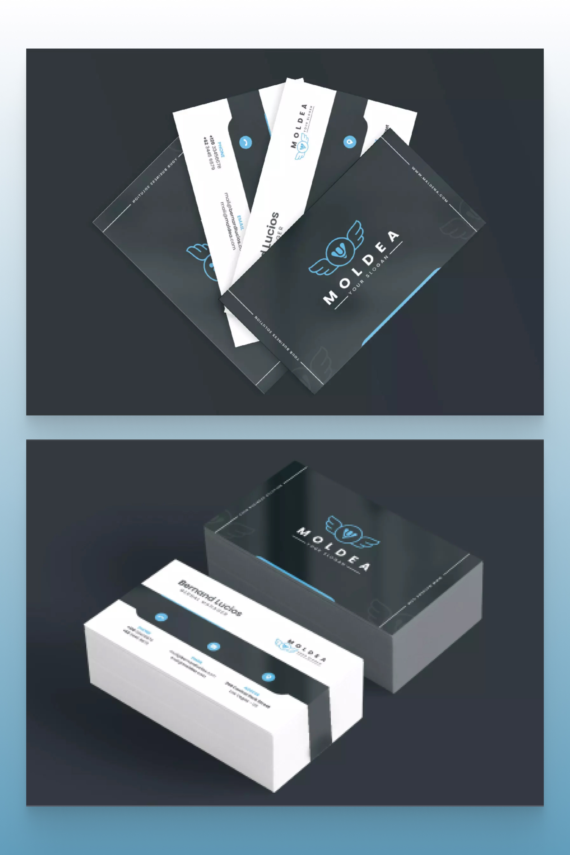Stacks of Black and white business cards with blue accents on a black background.