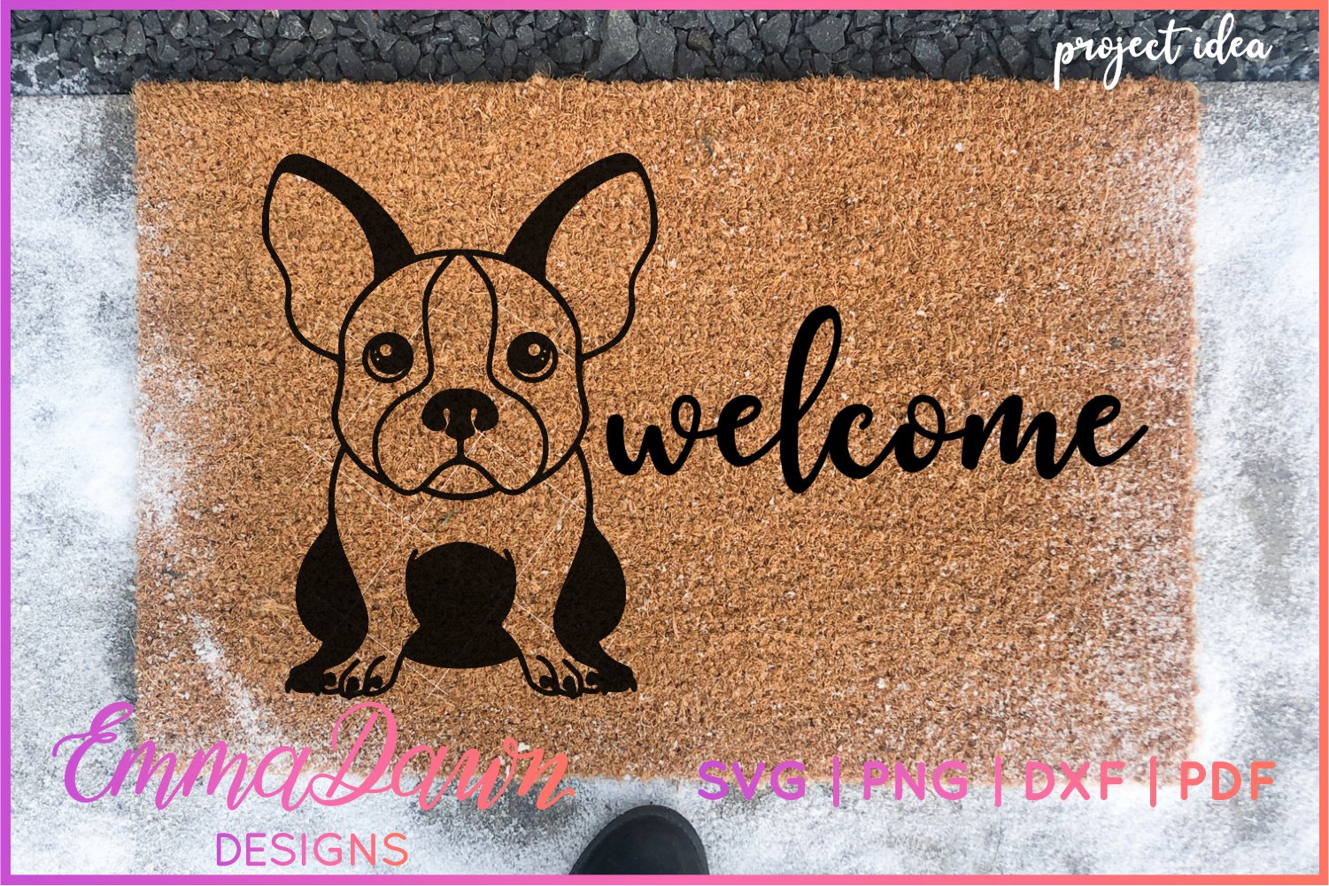 Welcome mat with a dog on it.
