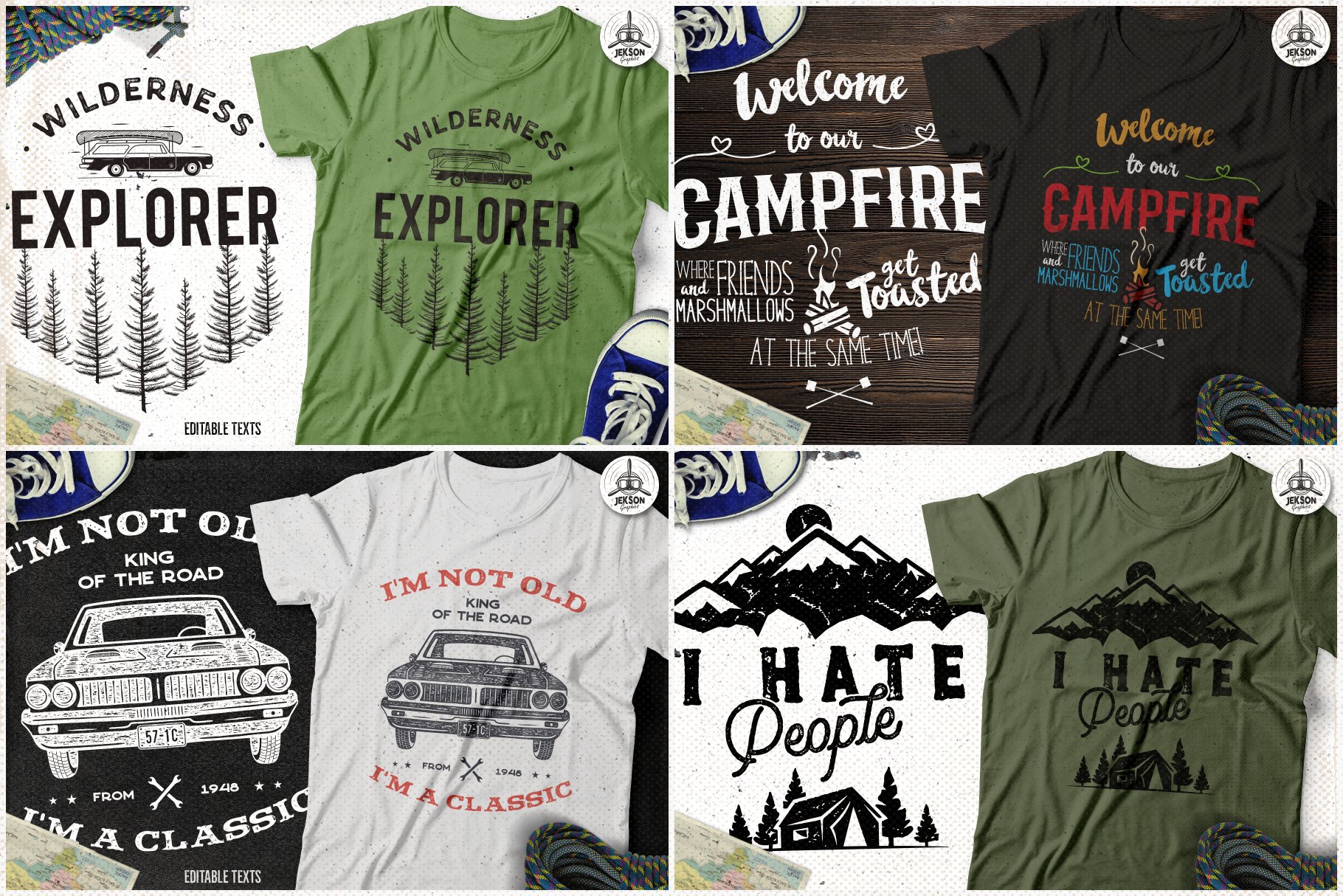 Green and brown t-shirts with camping illustration.