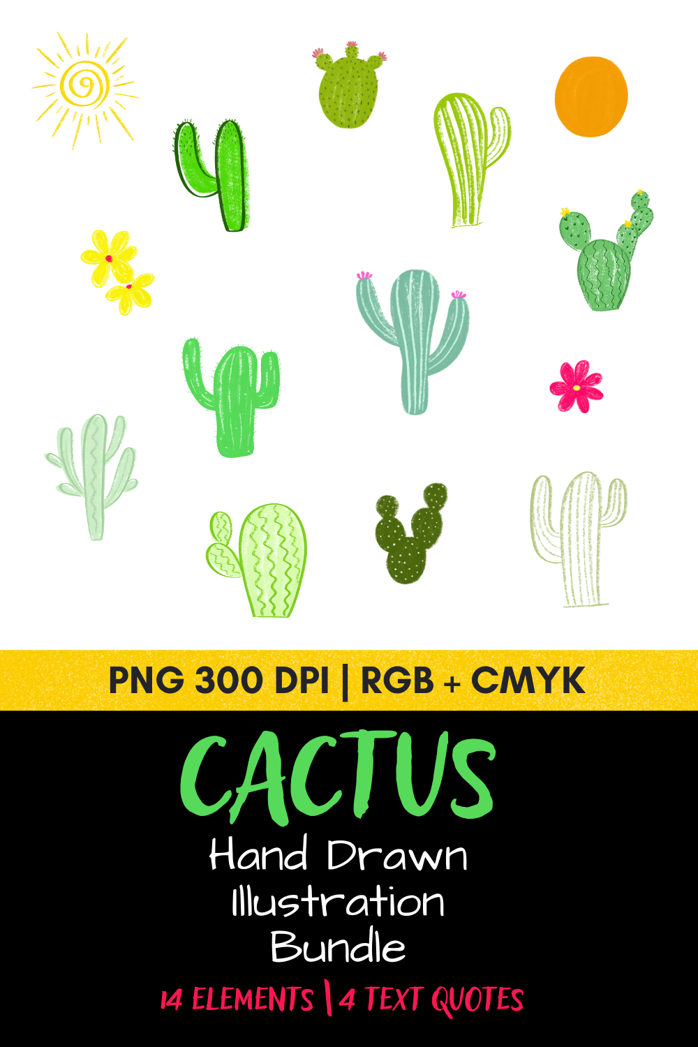 cactus hand drawn illustration bundle icon clipart text elements png rgb cmyk print web screen