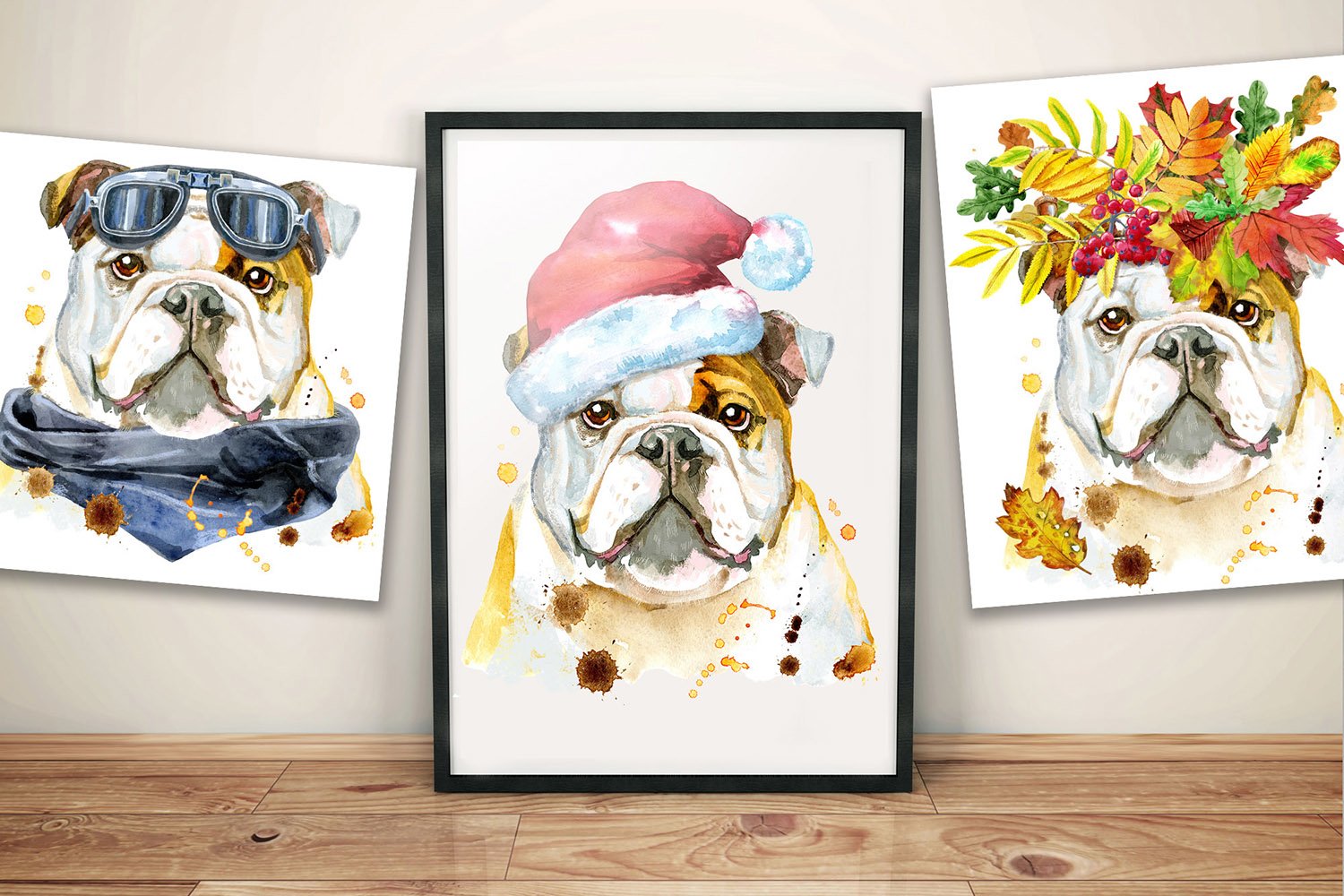 Painting of a bulldog wearing a santa hat and sunglasses.