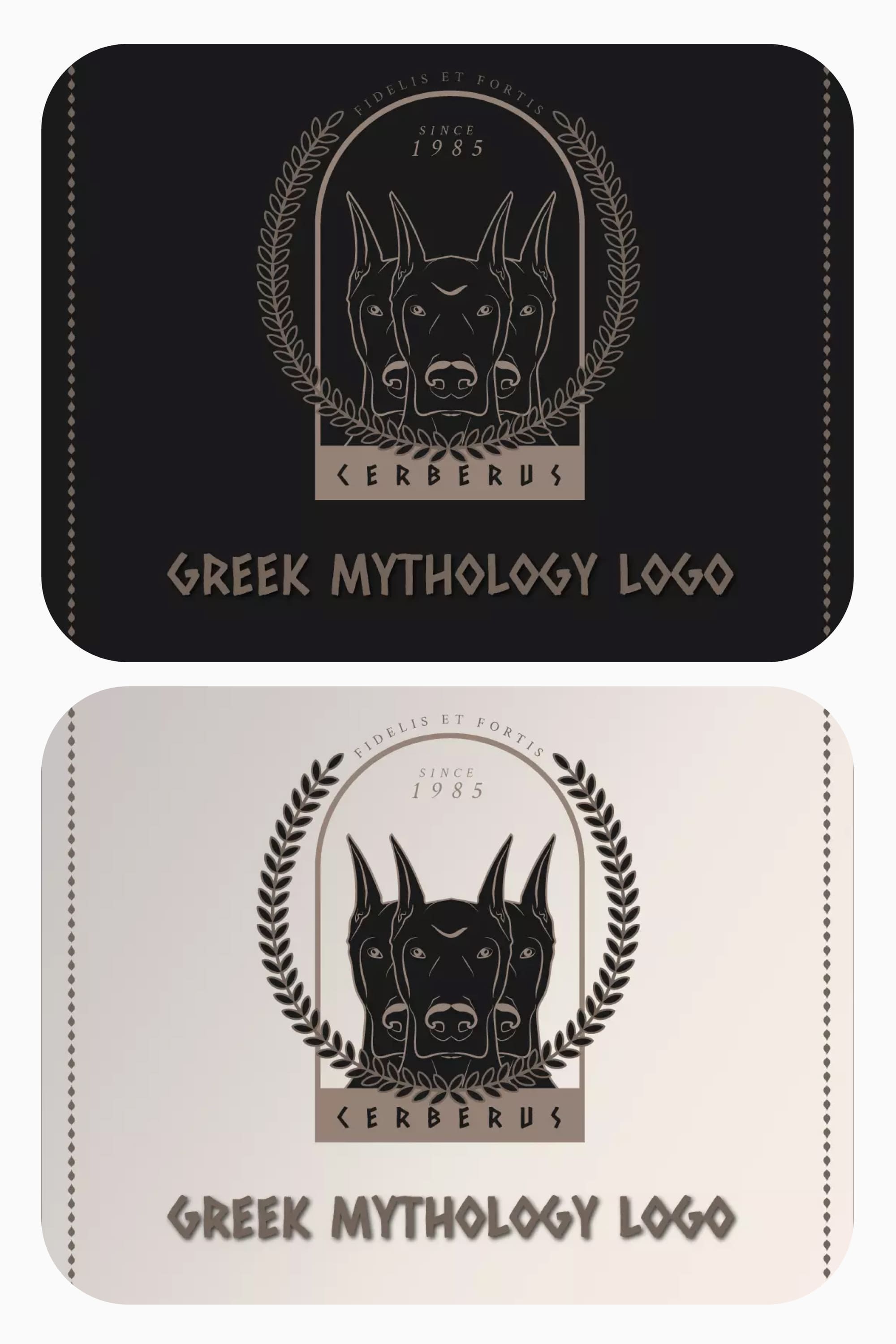 Collage of logos in the form of heads of Cerberus in the Greek style.