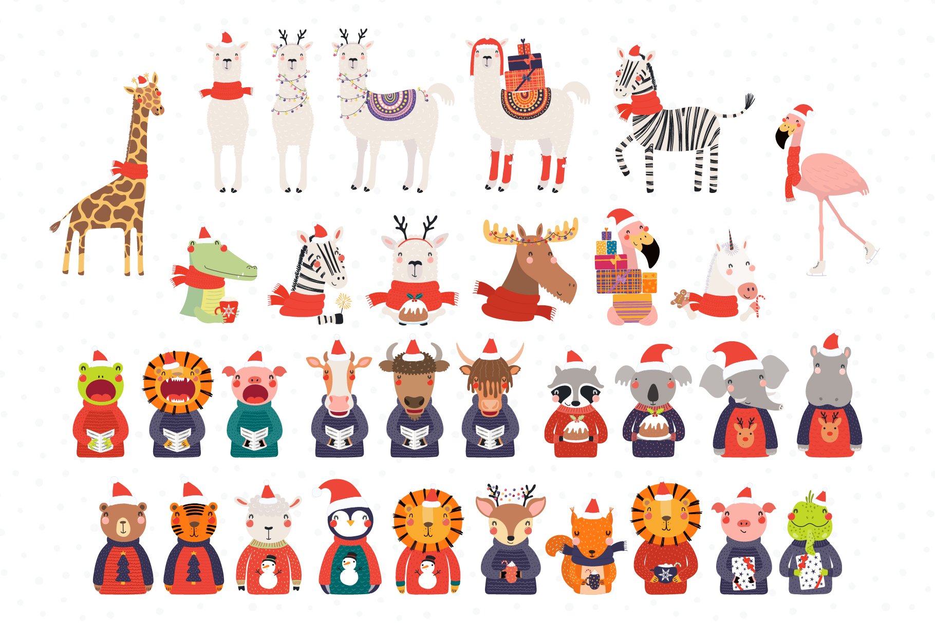 Cute and funny Christmas animals are ready to celebrate.