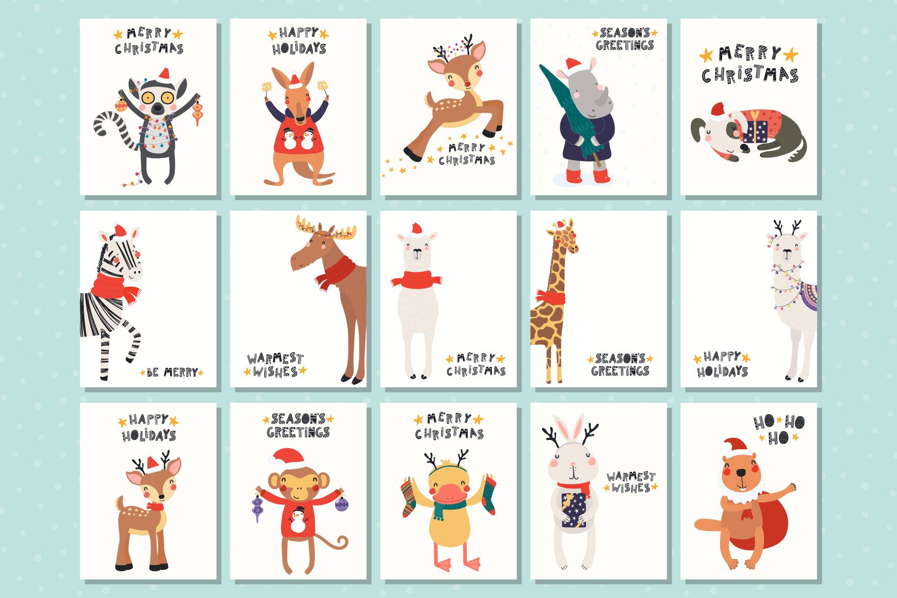 Diverse of animals characters on Christmas cards.