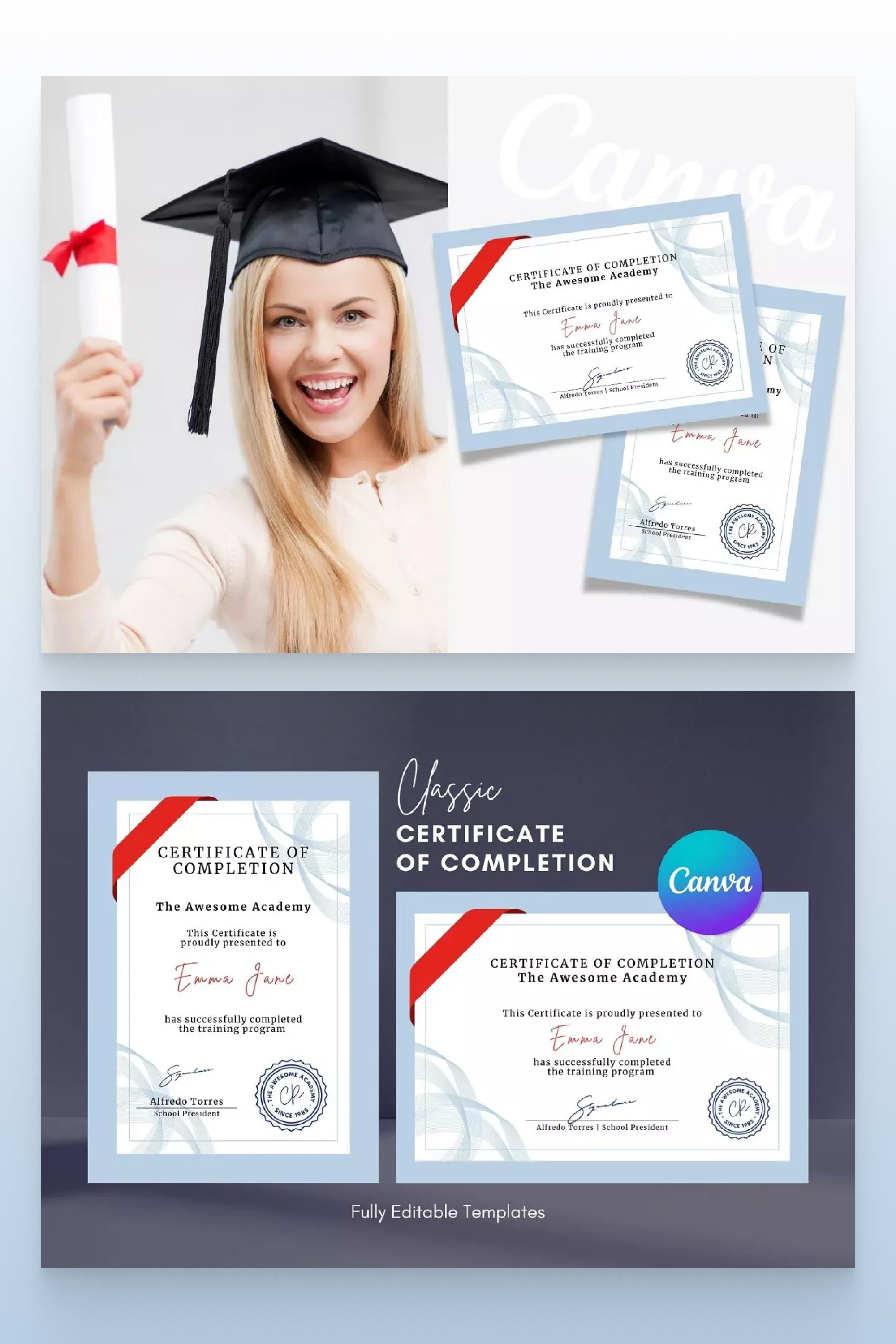 Classic certificate with a red stripe on the background of a graduate girl.