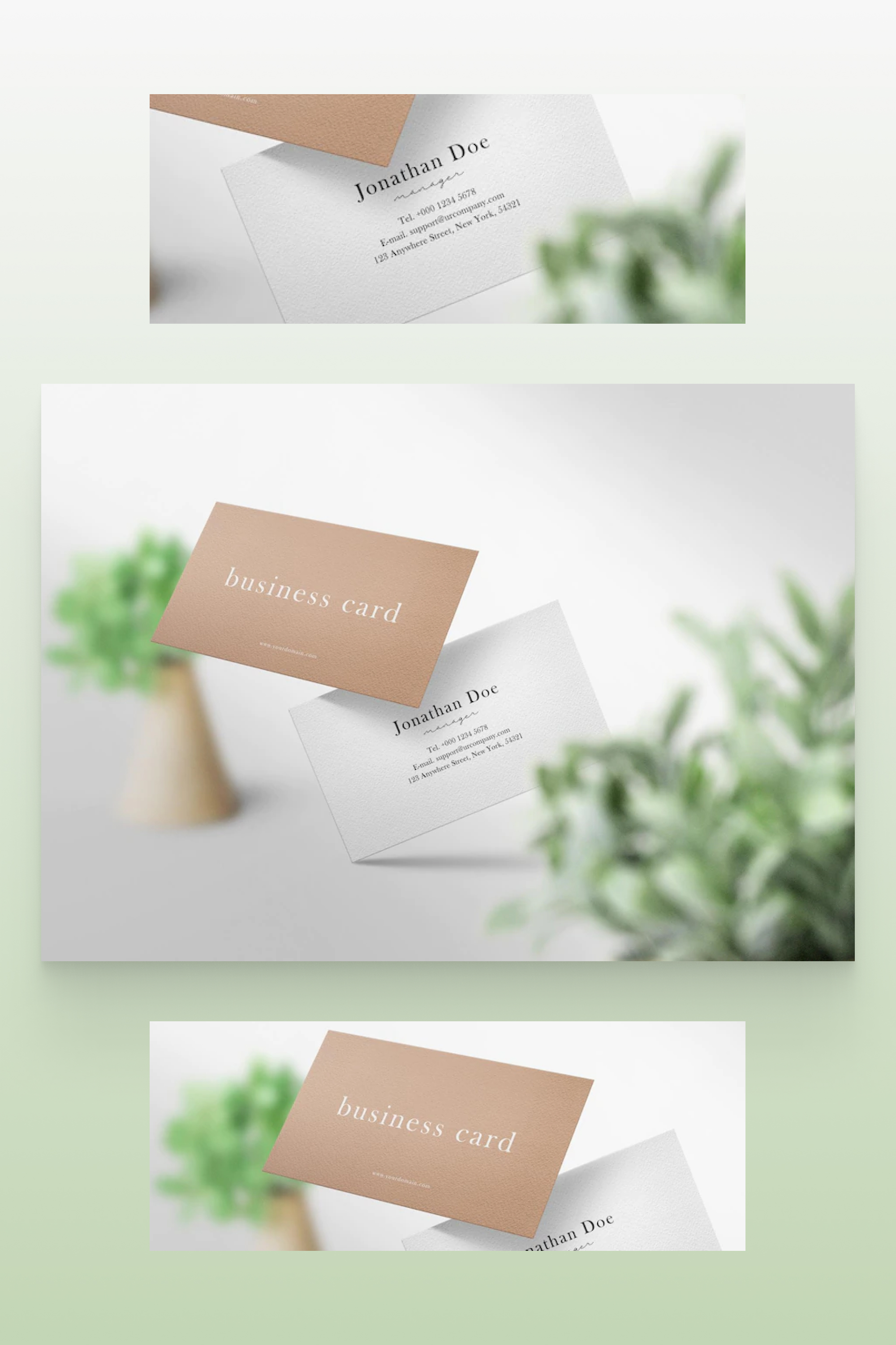 Brown and white business cards on a white background with a vase of flowers.