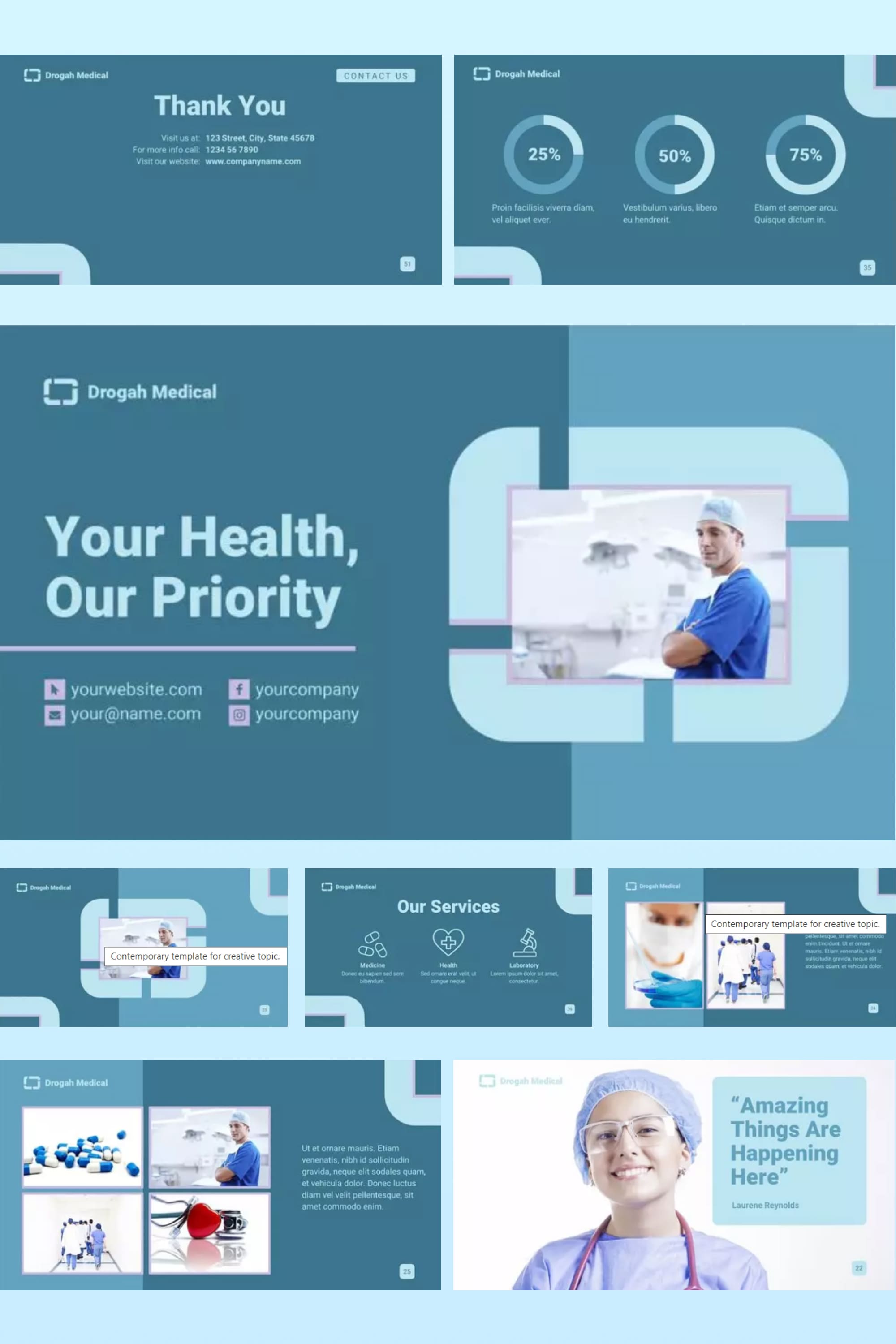 Presentation collage with infographics, doctor in blue colors.