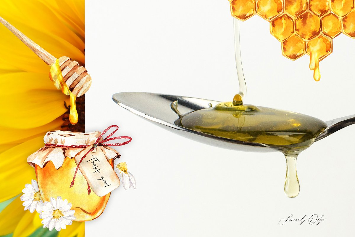 "Oh, Honey!" set includes more than 30 watercolor graphics 300 DPI with transparent background.