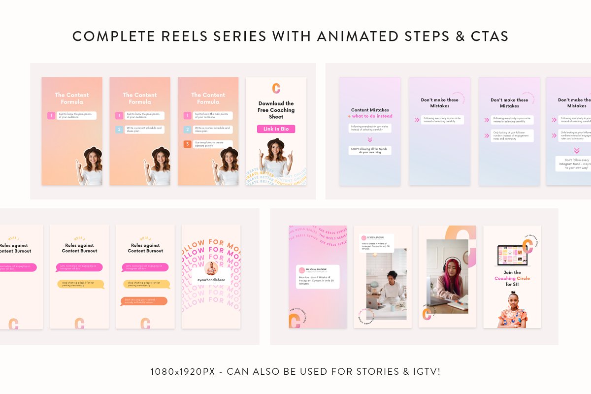 Complete reels series with animated steps.