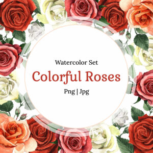 Colorful Roses PNG Watercolor Set.