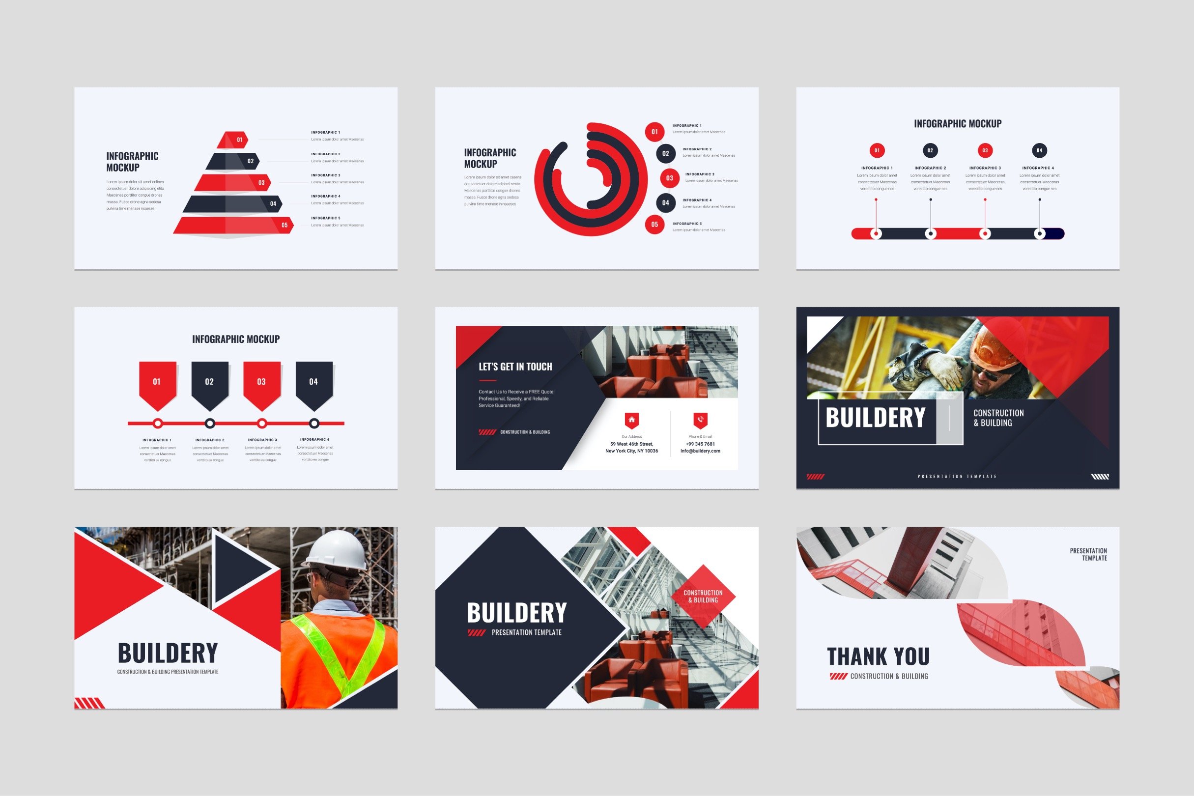 This construction template includes own red infographics.
