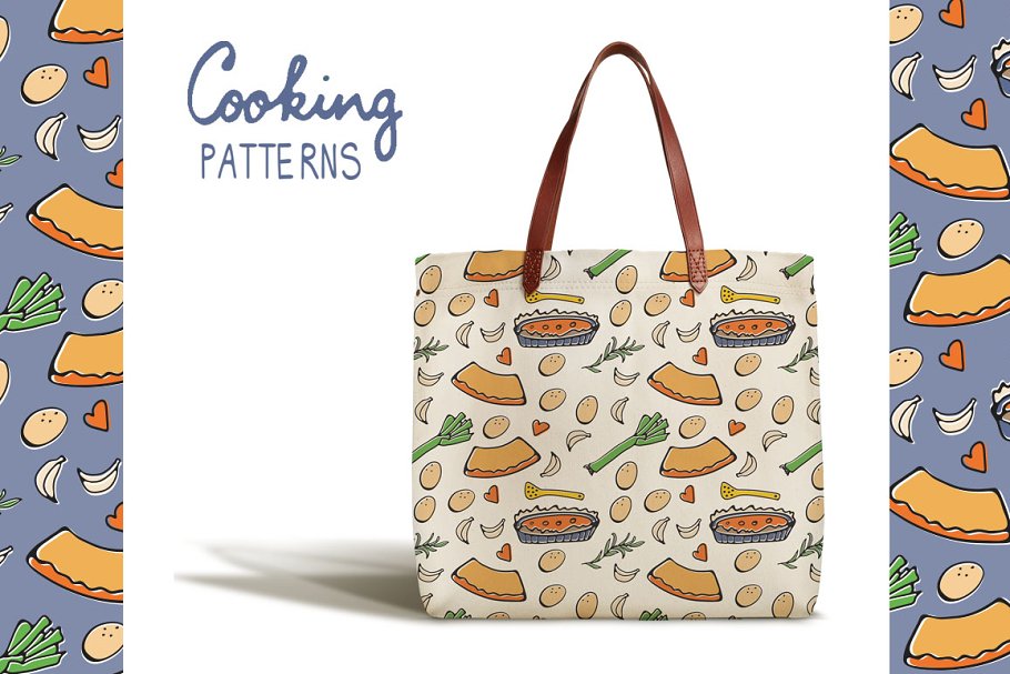 Cooking patterns shopping bag mockup preview.