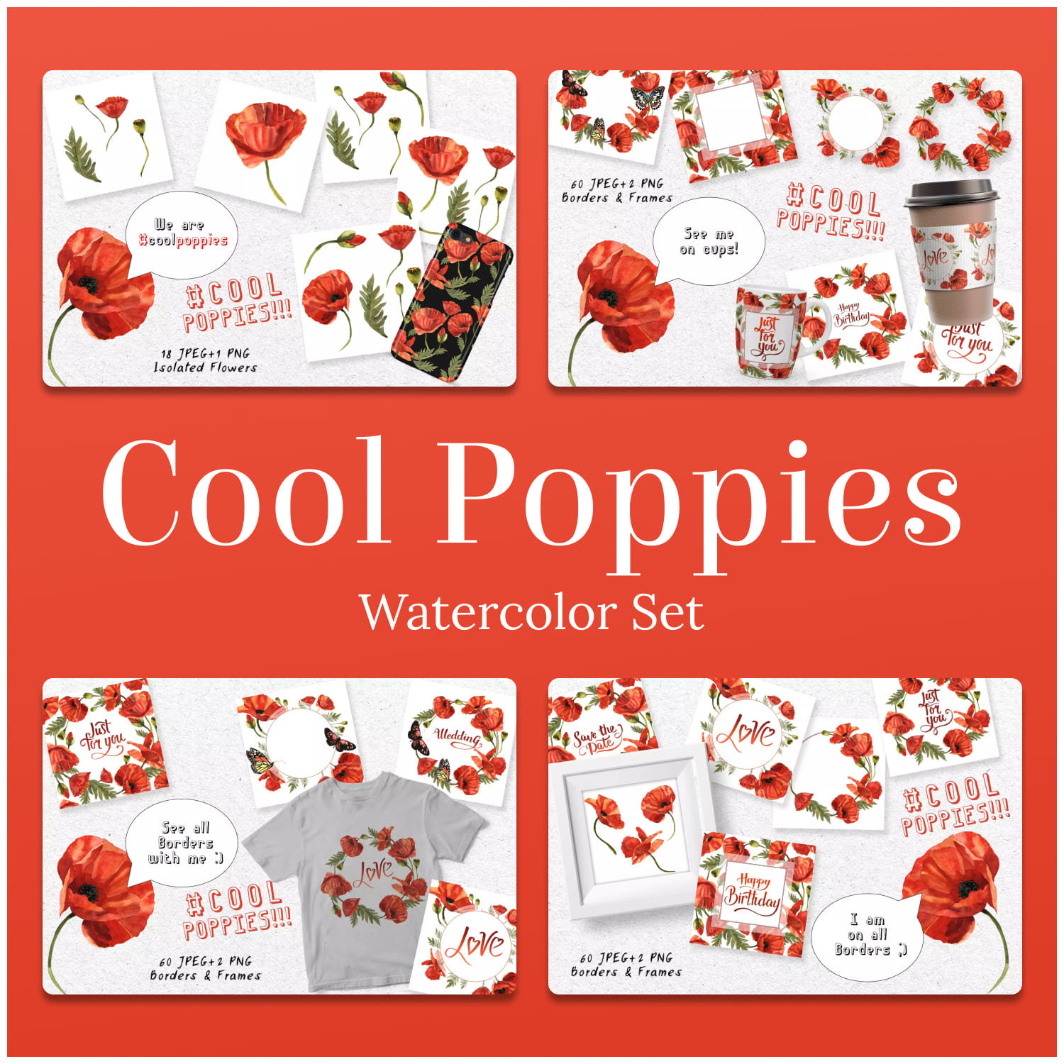 Cool Poppies PNG Watercolor Set main cover.