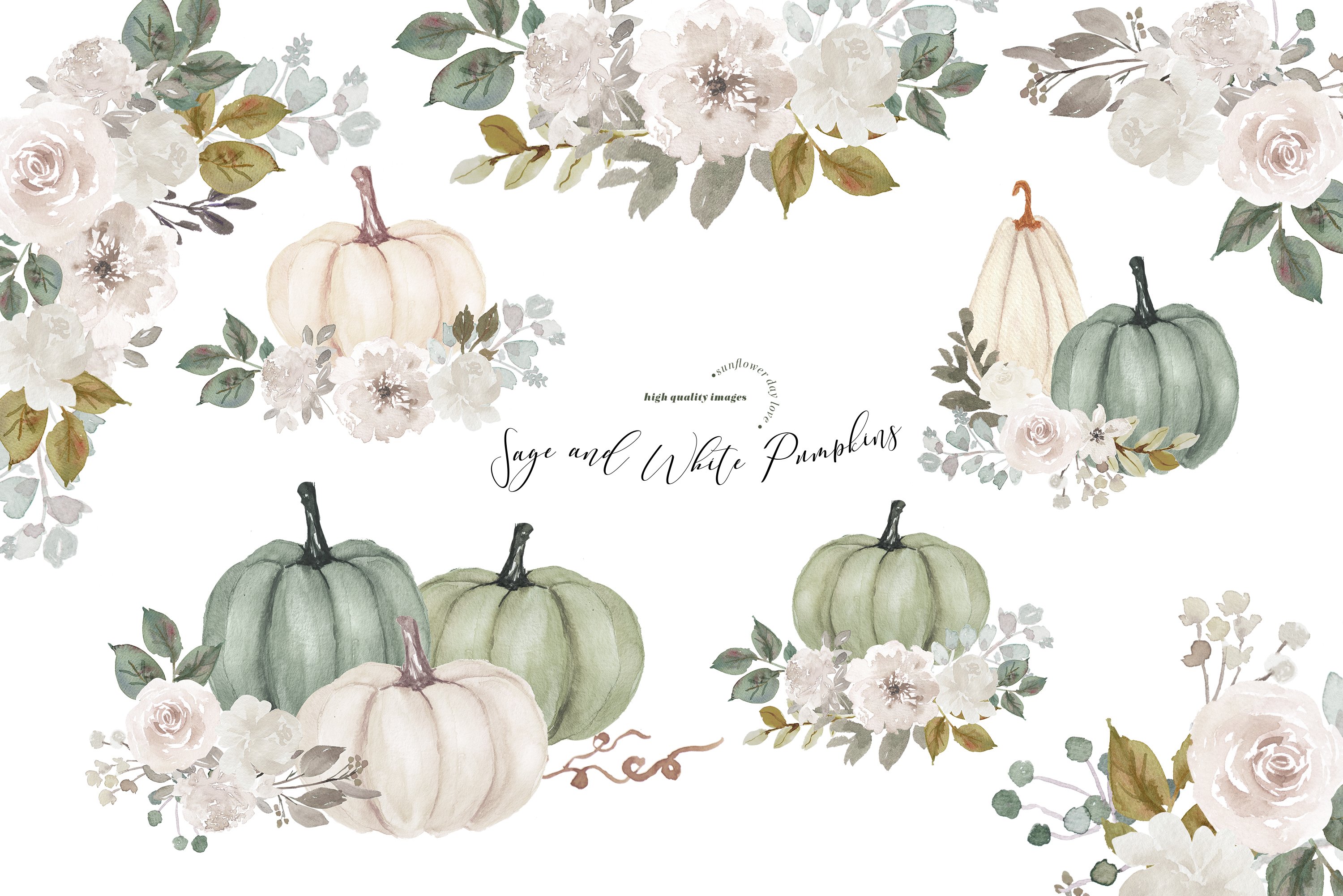 Light green pumpkins and flowers on this composition.