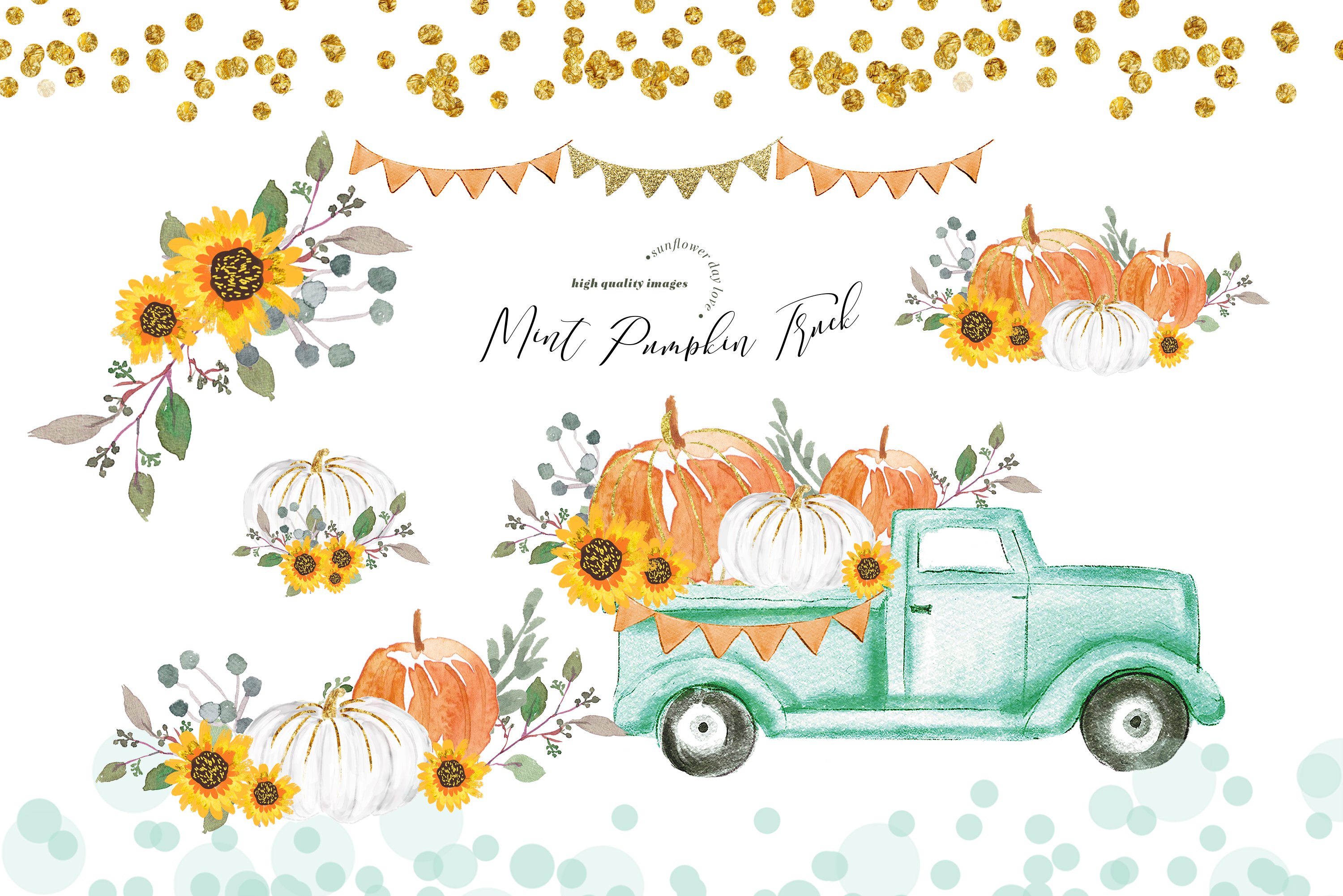 Bright illustration with sunflowers, pumpkin and green car.