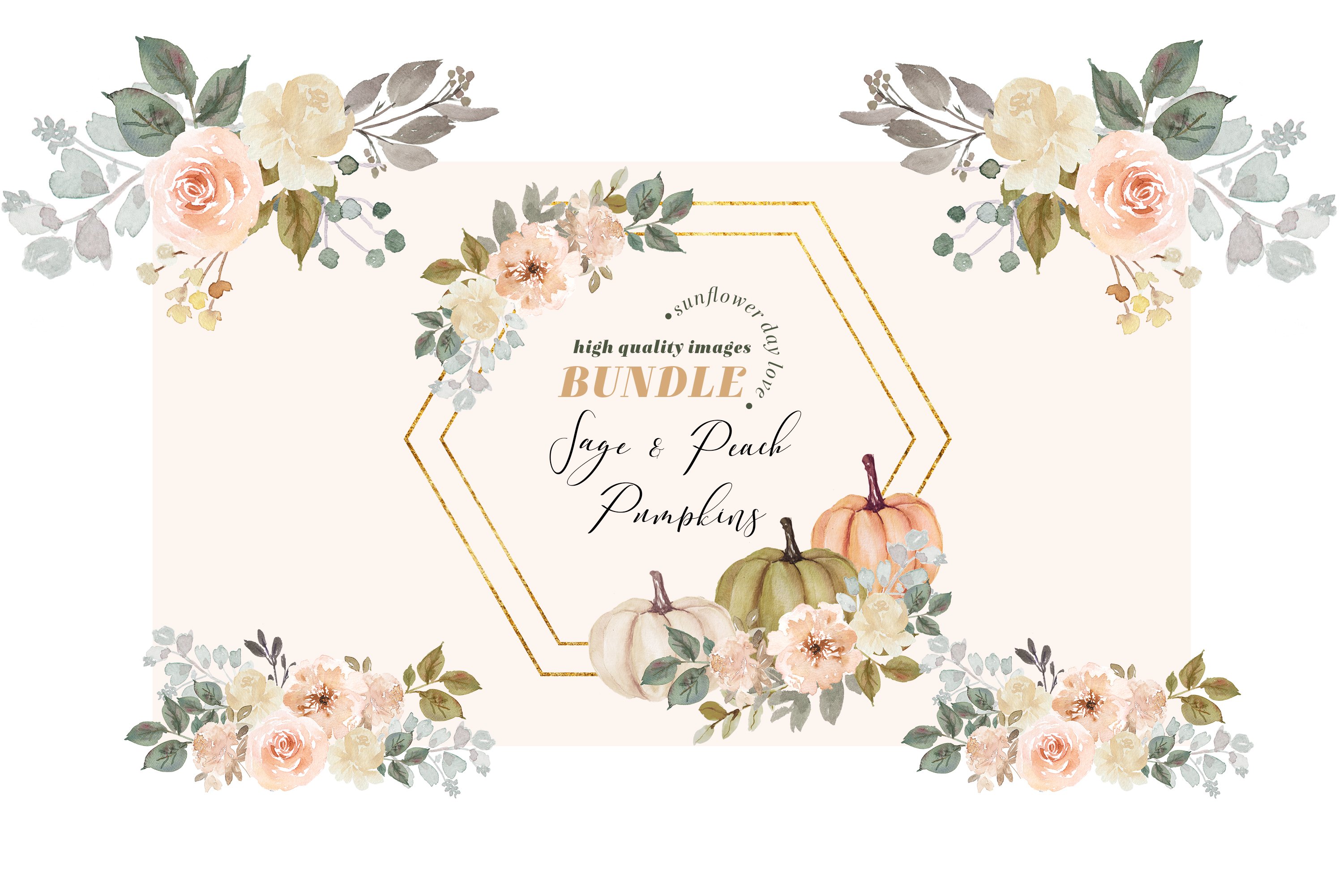 Pastel flowers illustration with small pumpkins.