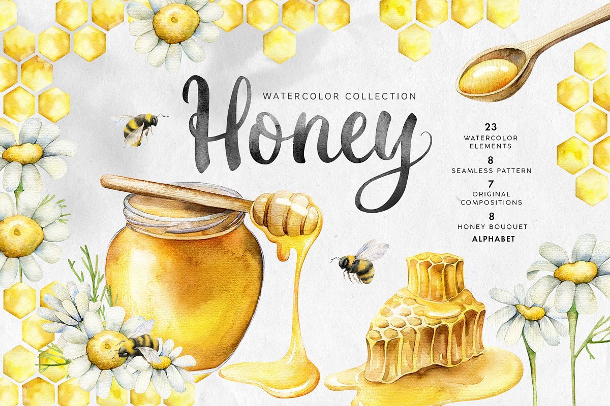 Cover image of Watercolor bee Honey.
