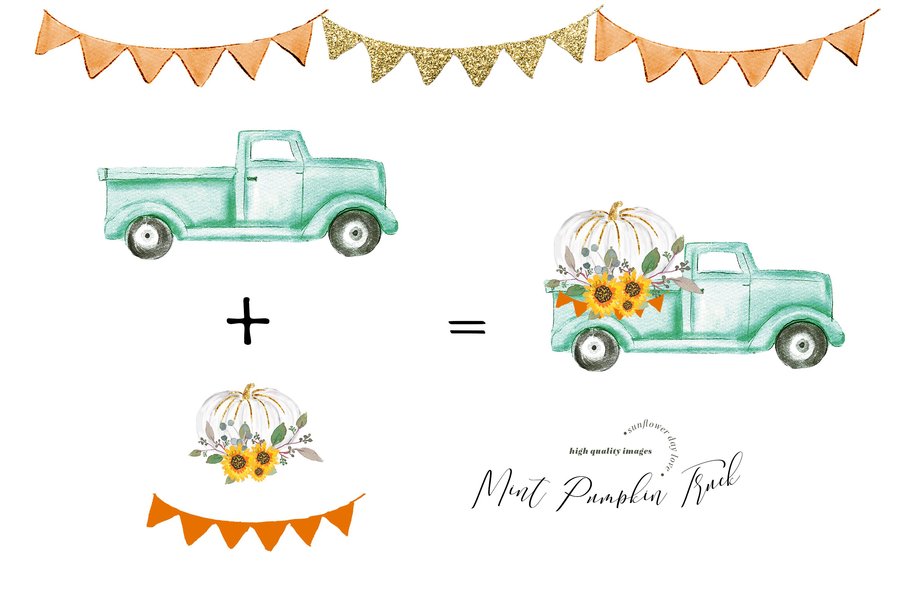 Car plus pumpkin with flower equals a beautiful illustration.