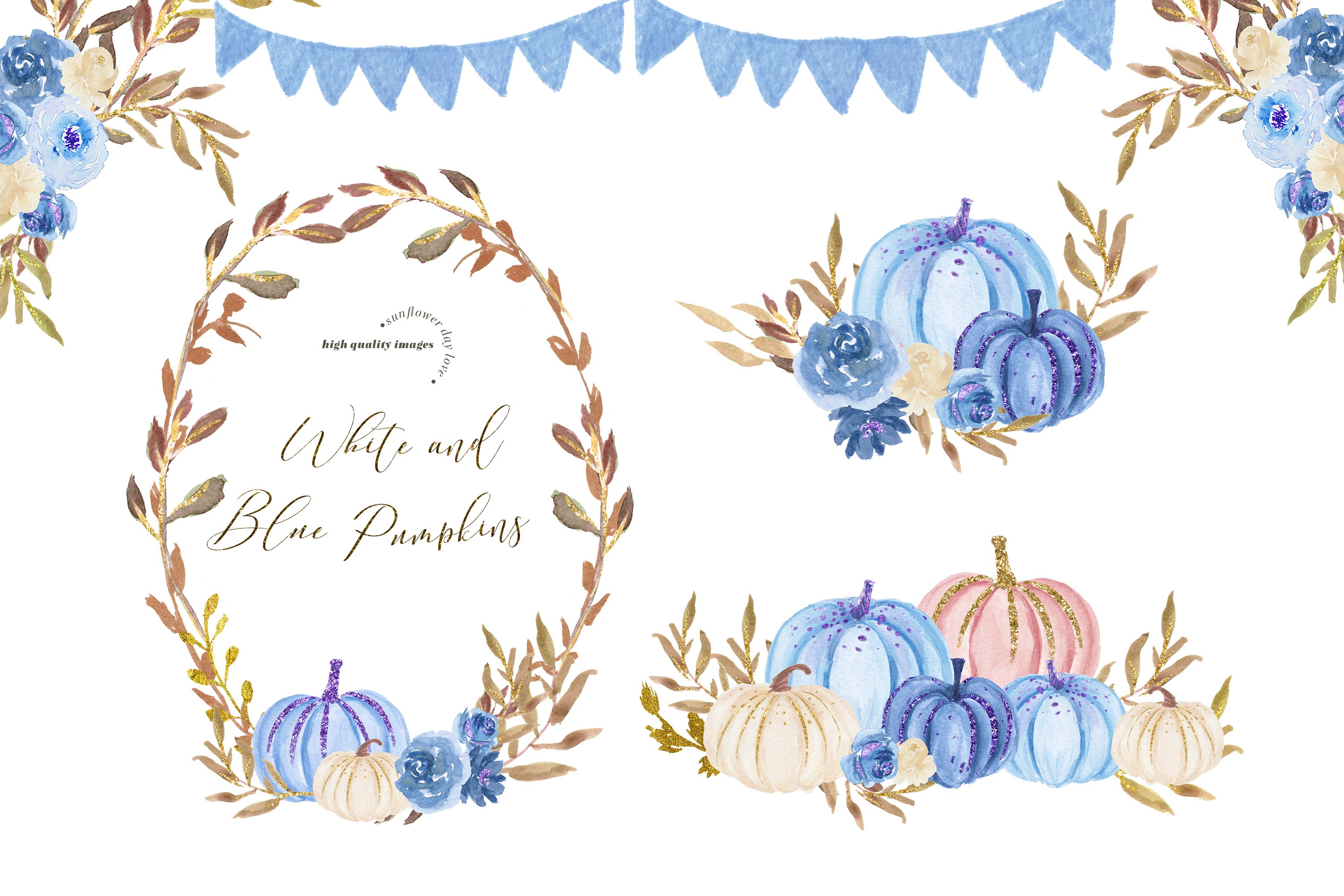 Creative frame with flowers and blue pumpkins.