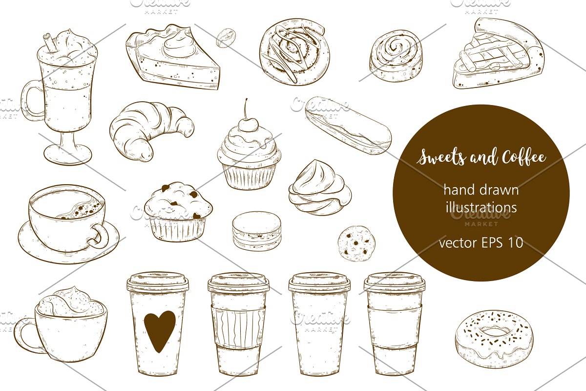 Hand drawn outlines sweets and coffee illustrations.