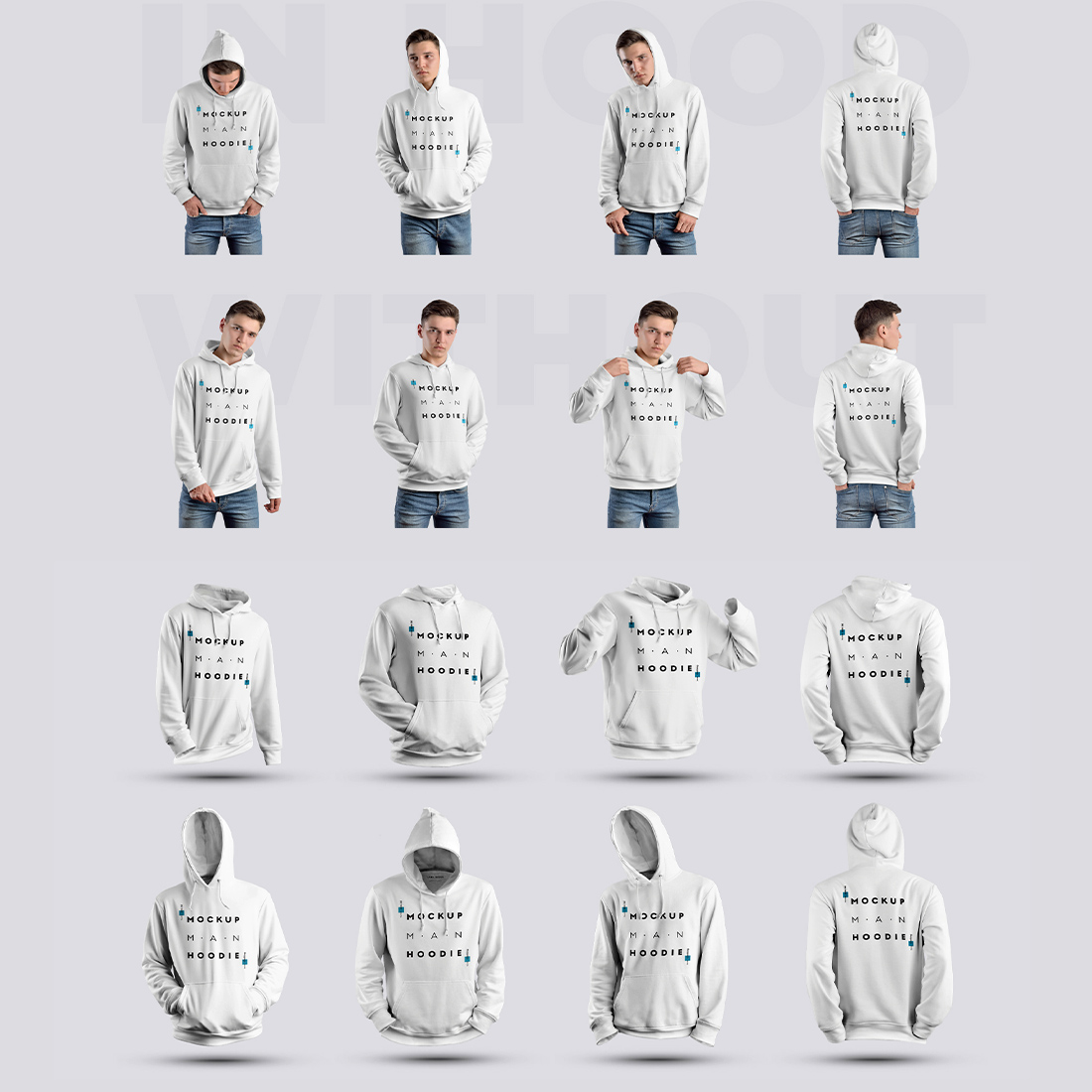 24 Mockups Hoodie on the Man, 3D and Isolated Subjects previews.