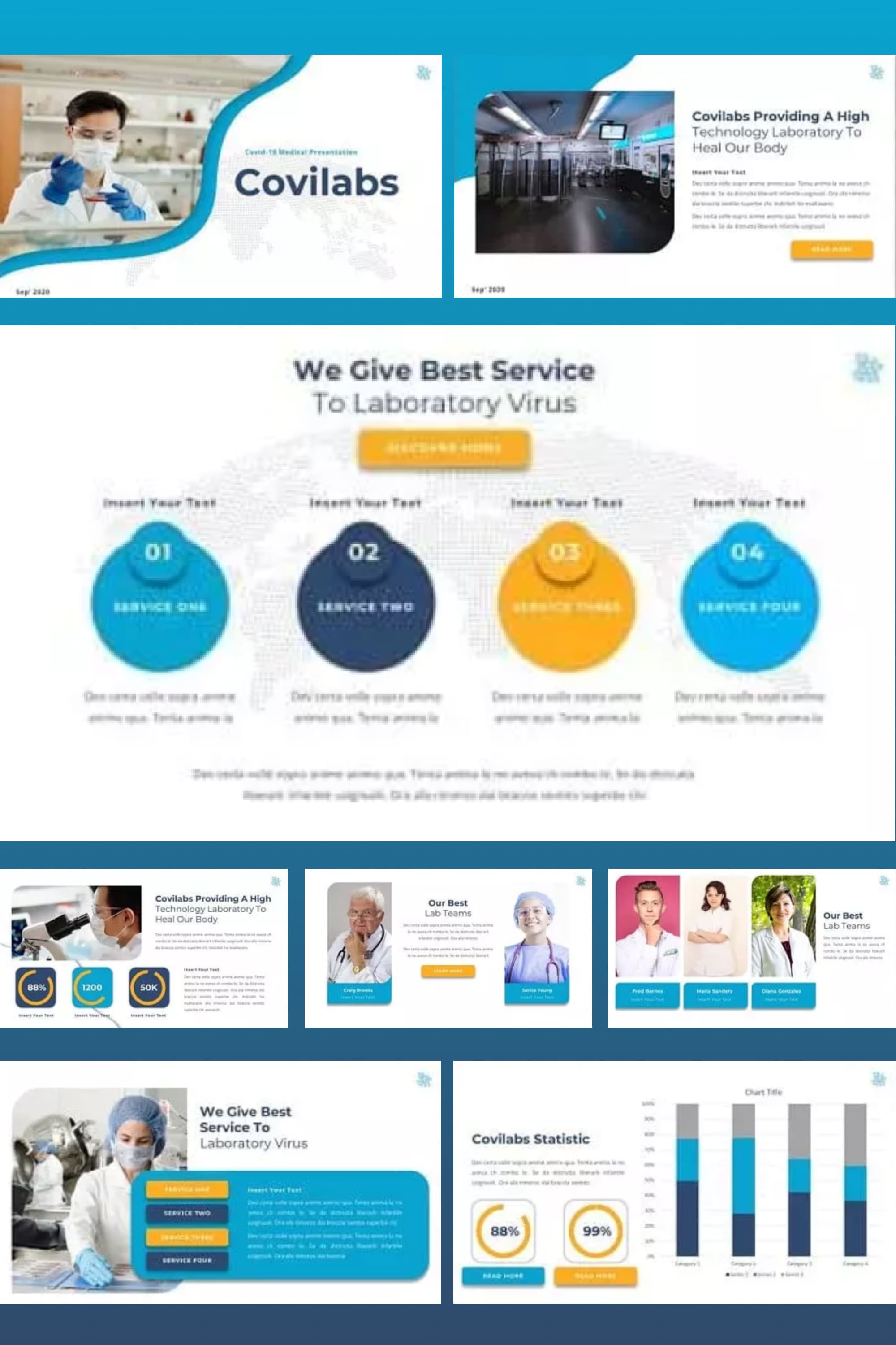 Collage of presentation pages with doctors and colorful infographics.