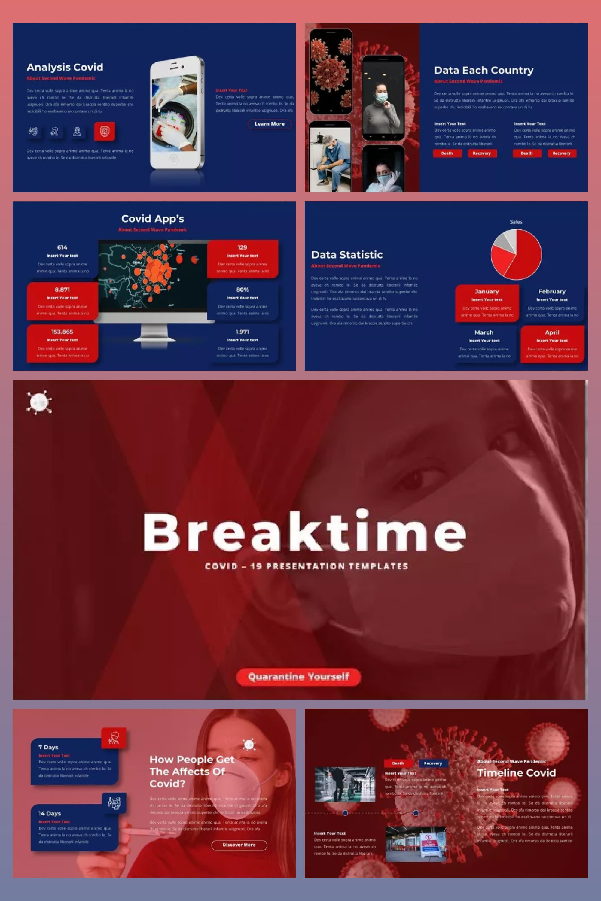 Collage of presentation pages with blue and red backgrounds with infographics and photo.